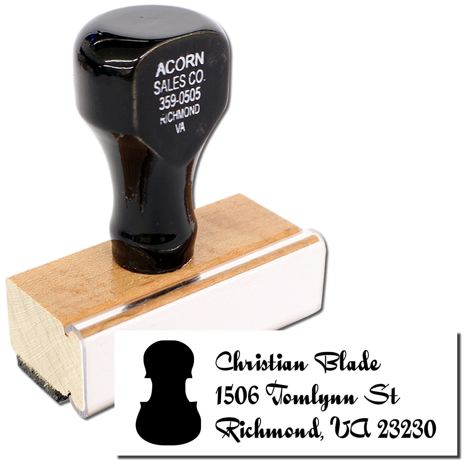 Custom wooden address rubber stamp with personalized name and Richmond, VA return address imprint for mailing labels
