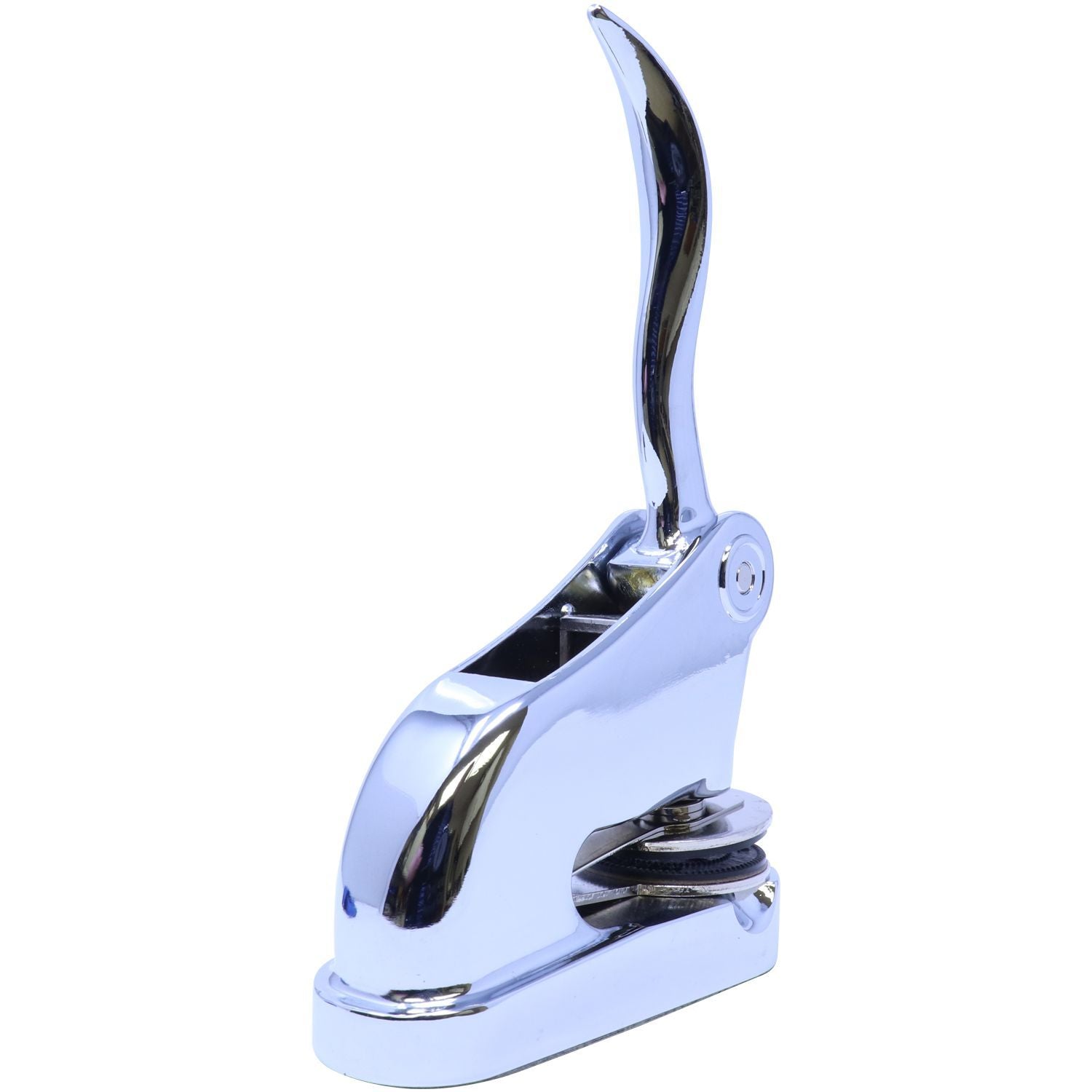 Chrome lever-operated manual press tool isolated on a white background.