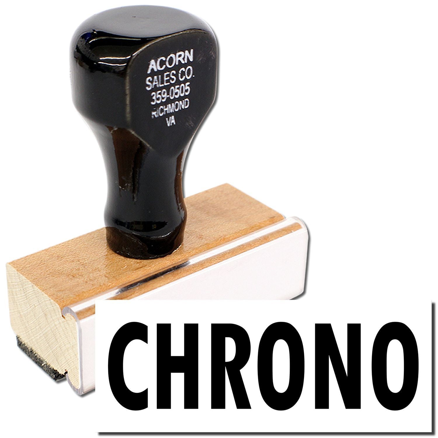 CHRONO branded product photo featuring an Acorn Sales Co. black headed tool on a wooden base for sale