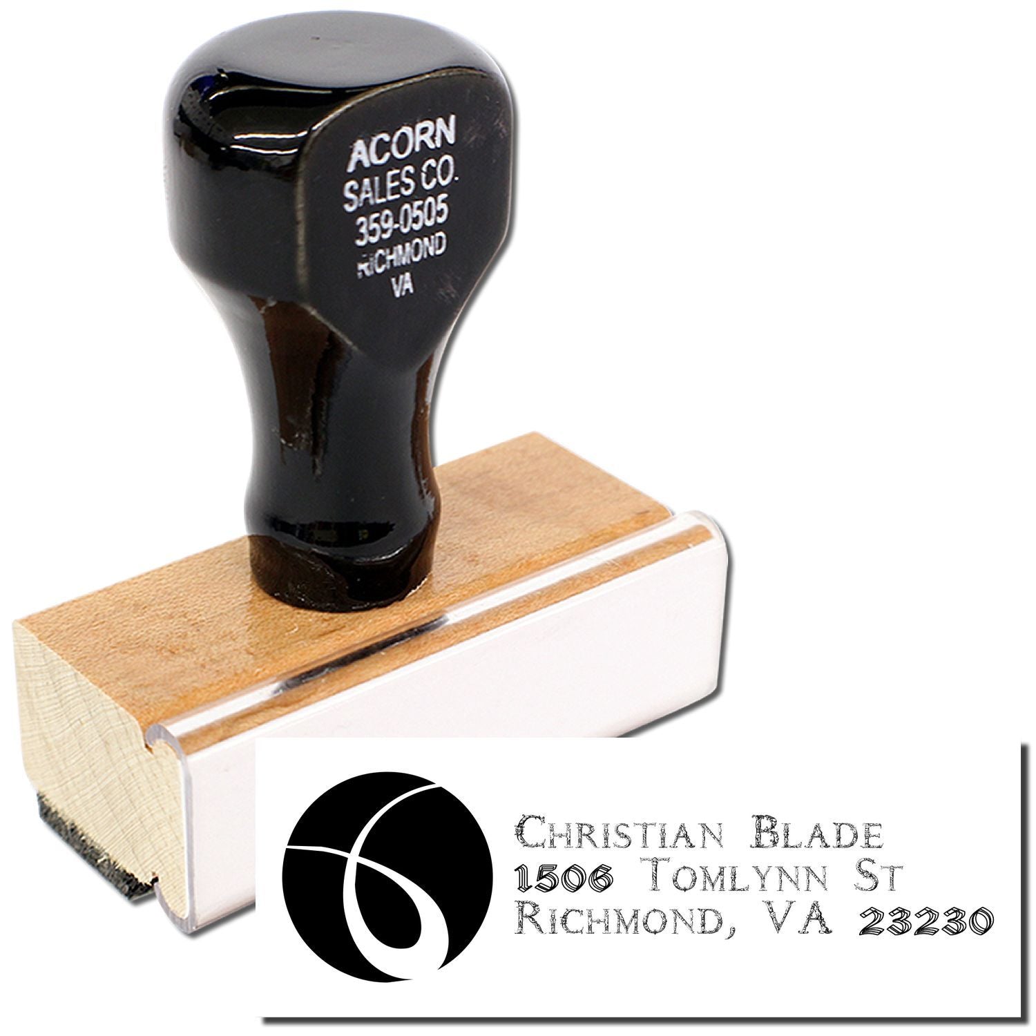 Custom return address rubber stamp with logo for Christian Blade, 1506 Tomlynn St, Richmond, VA