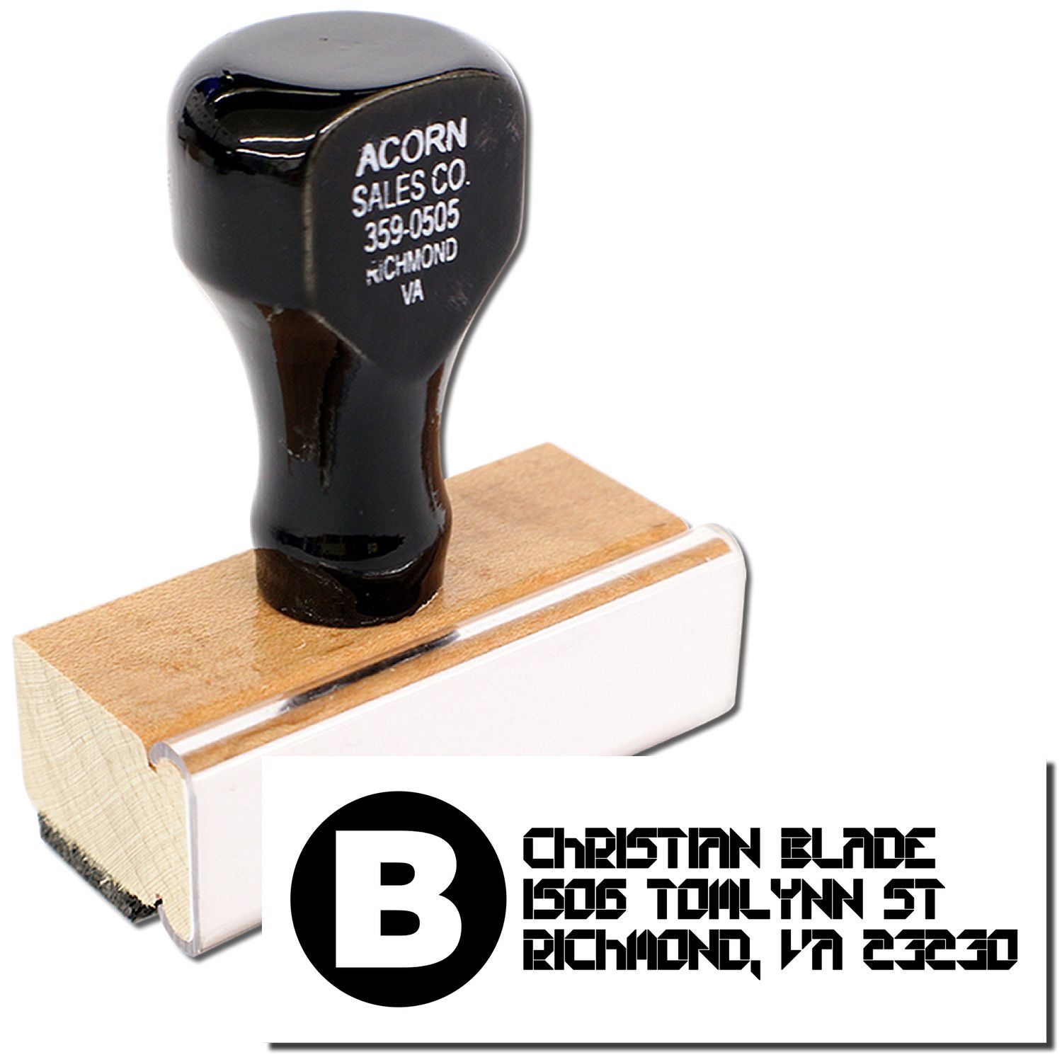Custom business rubber stamp with return address imprint for Christian Blade, Richmond, VA.