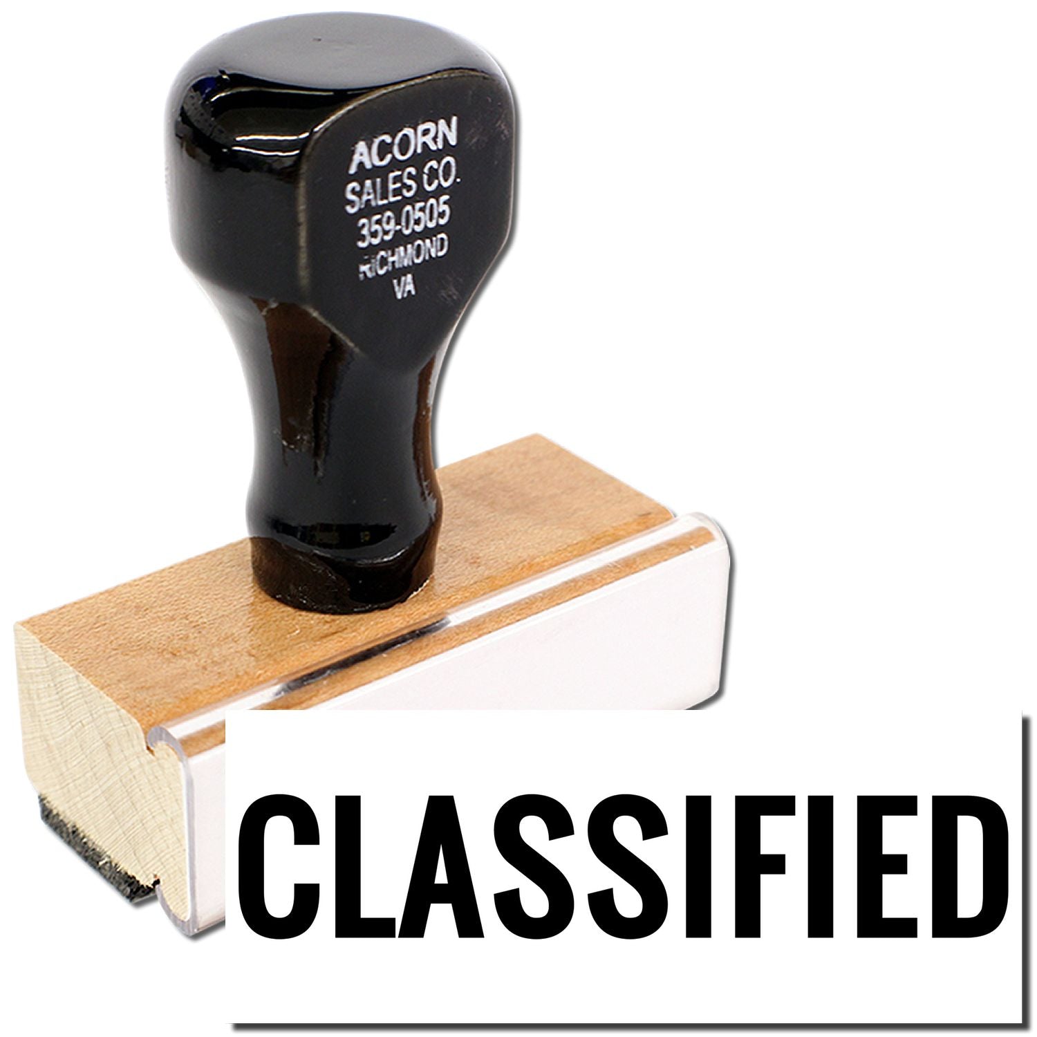 Acorn Sales Co. black promotional rubber stamp showing 359-0505 Richmond VA contact details for classified ads packaging branding