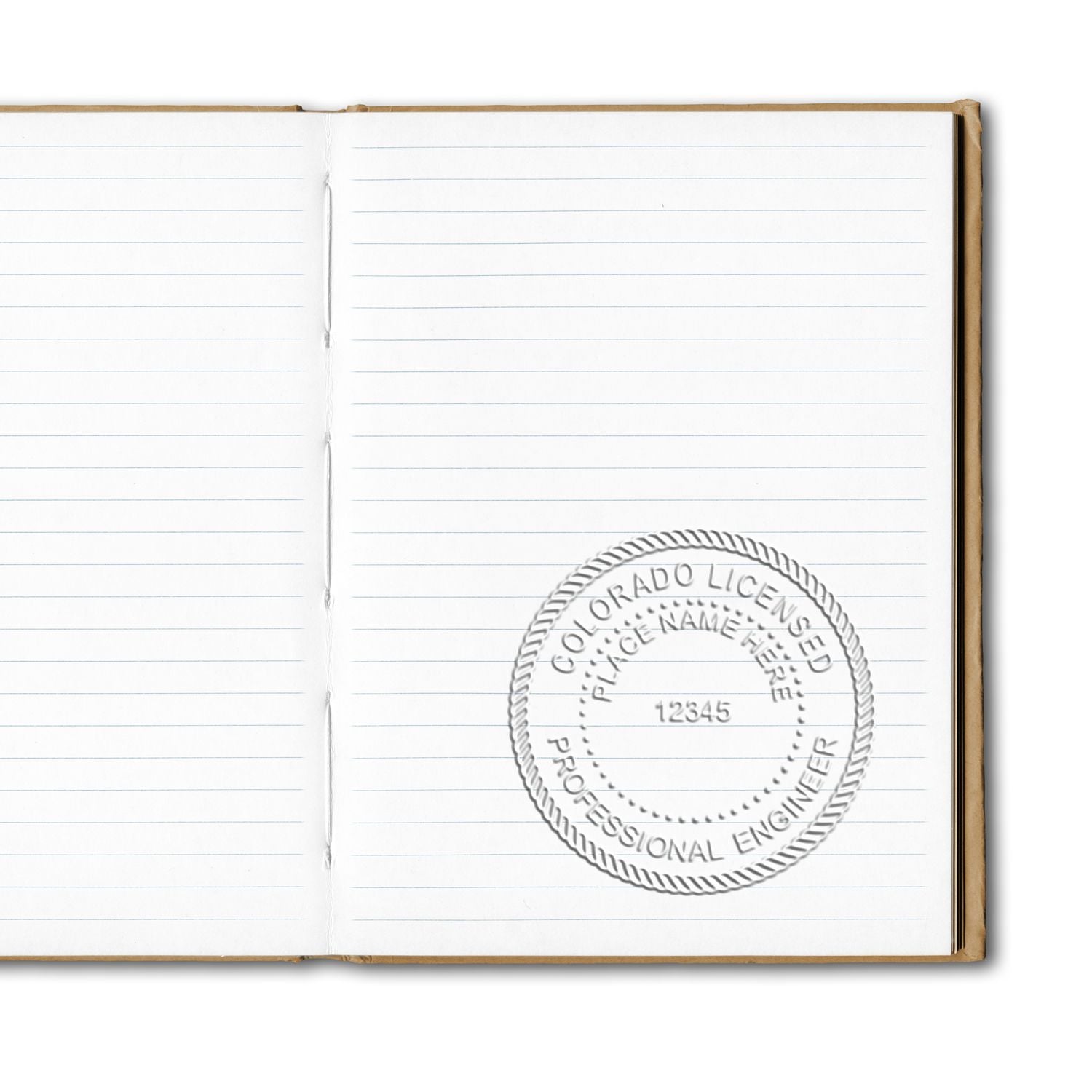 Open lined notebook with Colorado licensed professional engineer stamp impression
