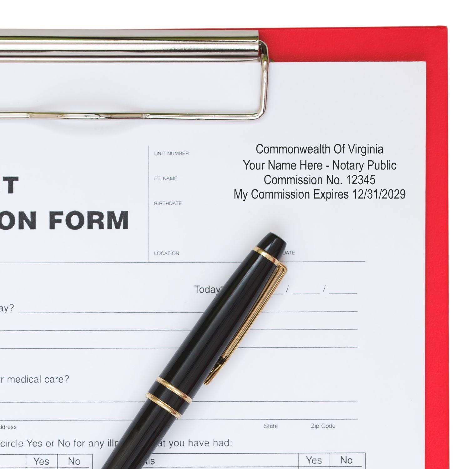 Virginia notary public commission form on clipboard with pen and official paperwork.