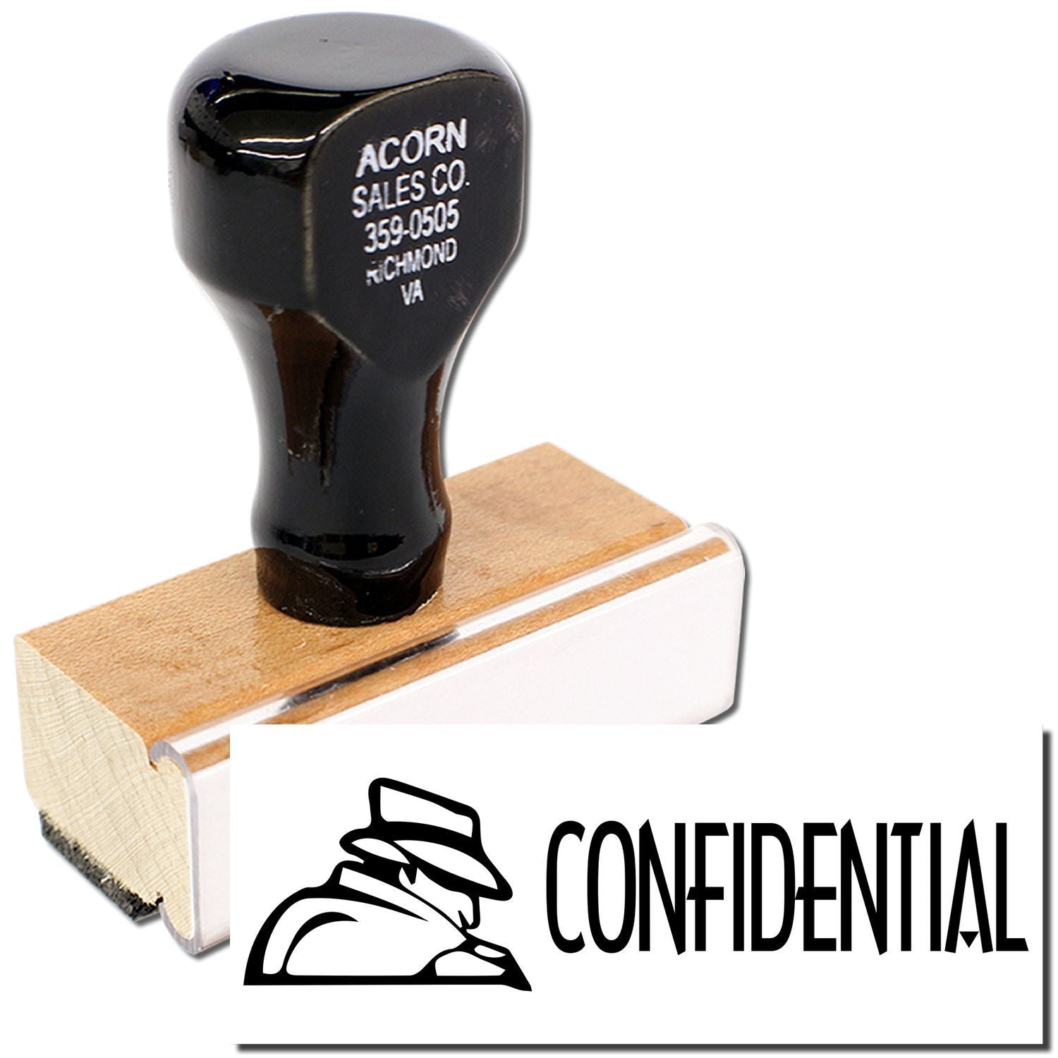 Acorn Sales Co. labeled product on wooden block, stamped CONFIDENTIALclose-up of business tool.