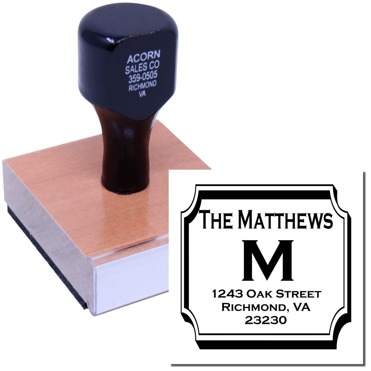 Custom wood handle rubber address stamp with monogram and return address for The Matthews, Richmond, VA.
