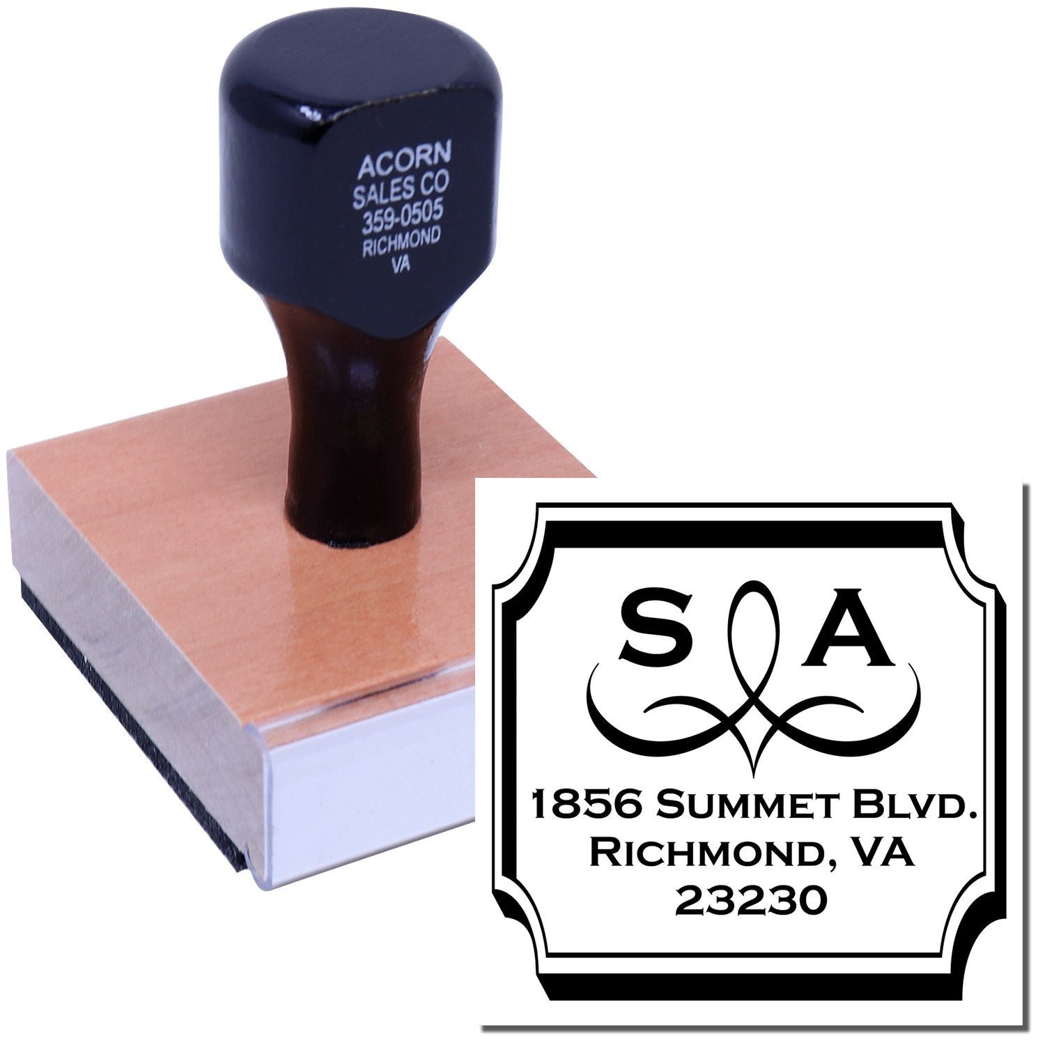 Custom address rubber stamp with business logo and Richmond, VA return address for mailing and office branding.