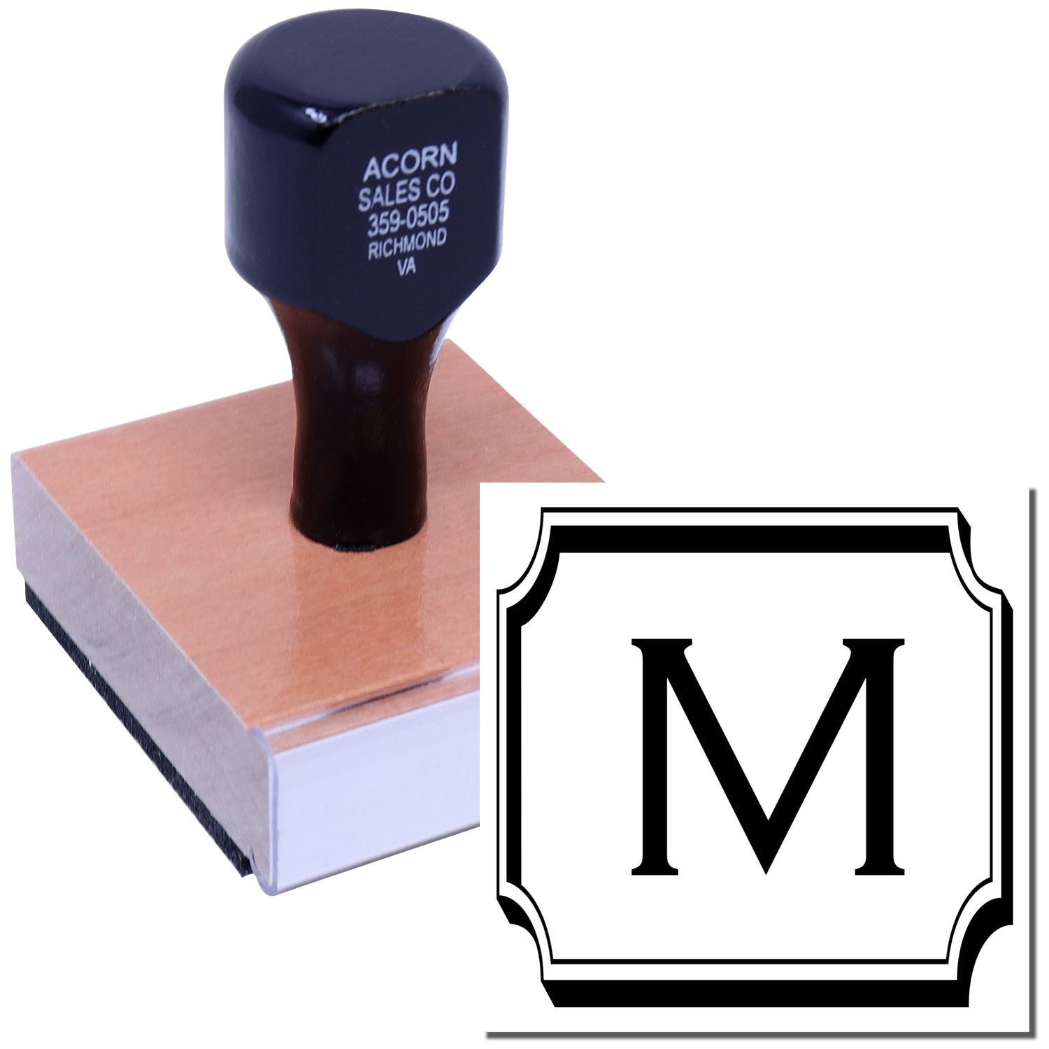 Custom rubber stamp with monogram M in decorative border, ideal for personalized business branding and office use.