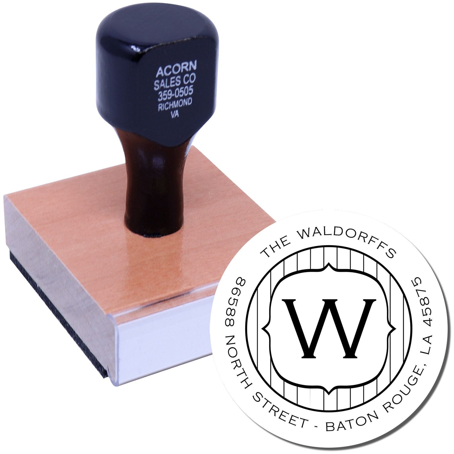 Custom rubber stamp with monogram address design for personalized return mailing and branding.