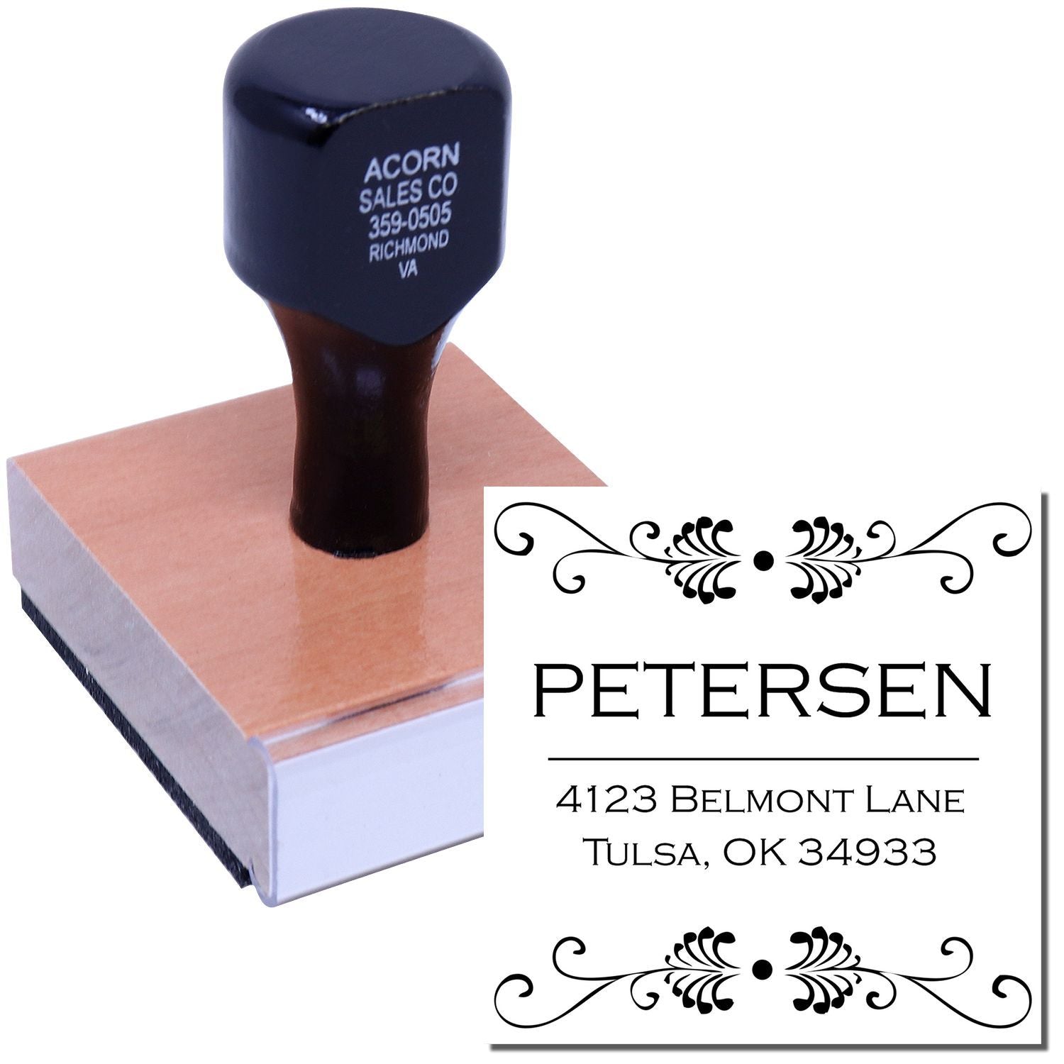 Personalized address rubber stamp with floral ornament, displaying Peterson name and Tulsa, OK return address.