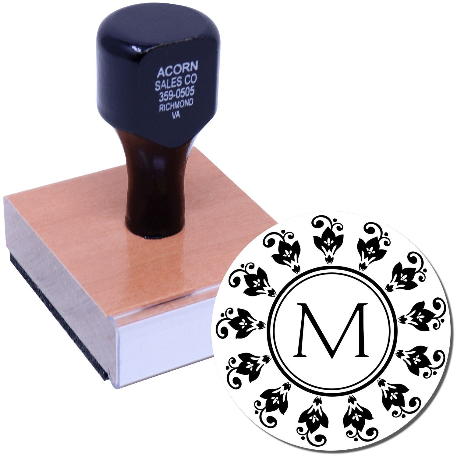 Personalized monogram rubber stamp with floral border, ideal for custom stationery and business branding.