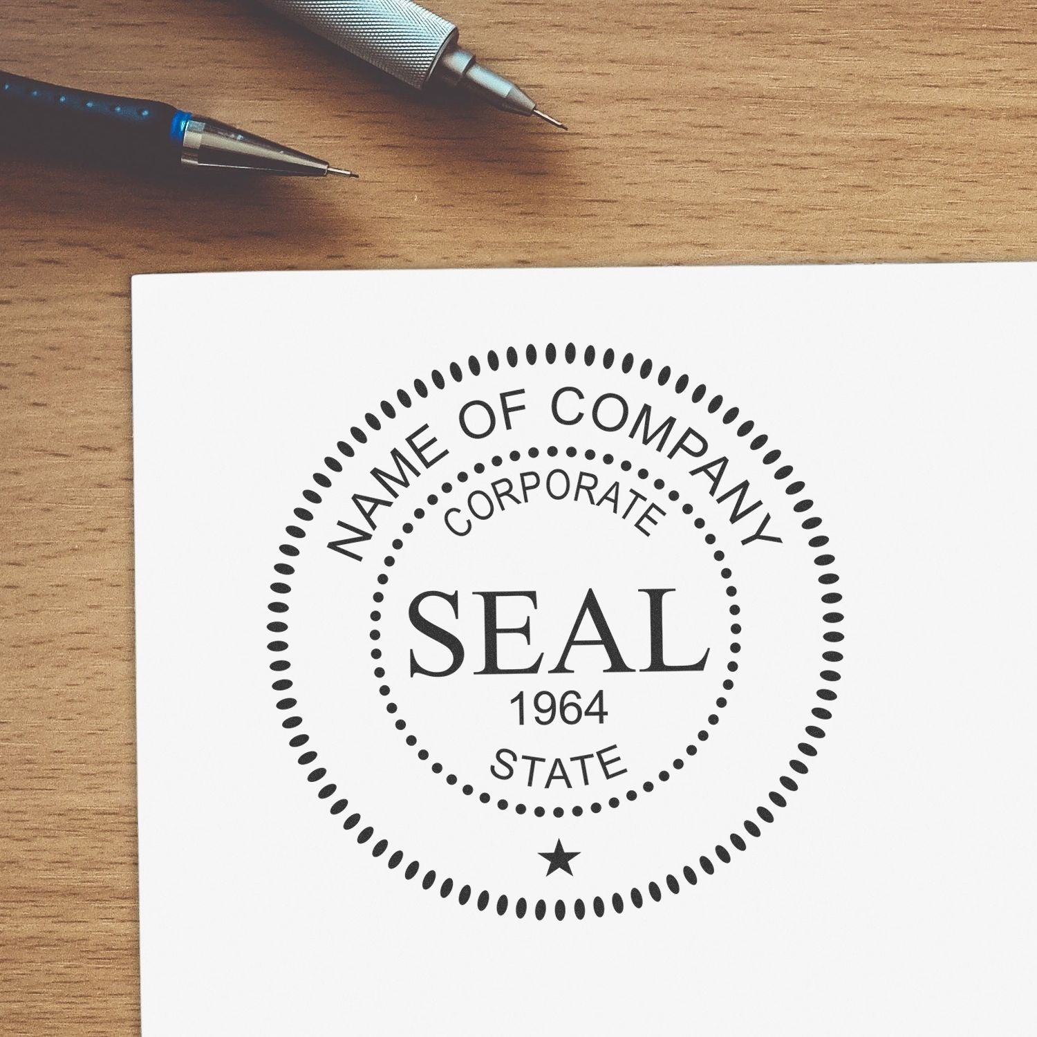 Corporate seal stamp on paper with pens on a wooden desk for business branding and official documents