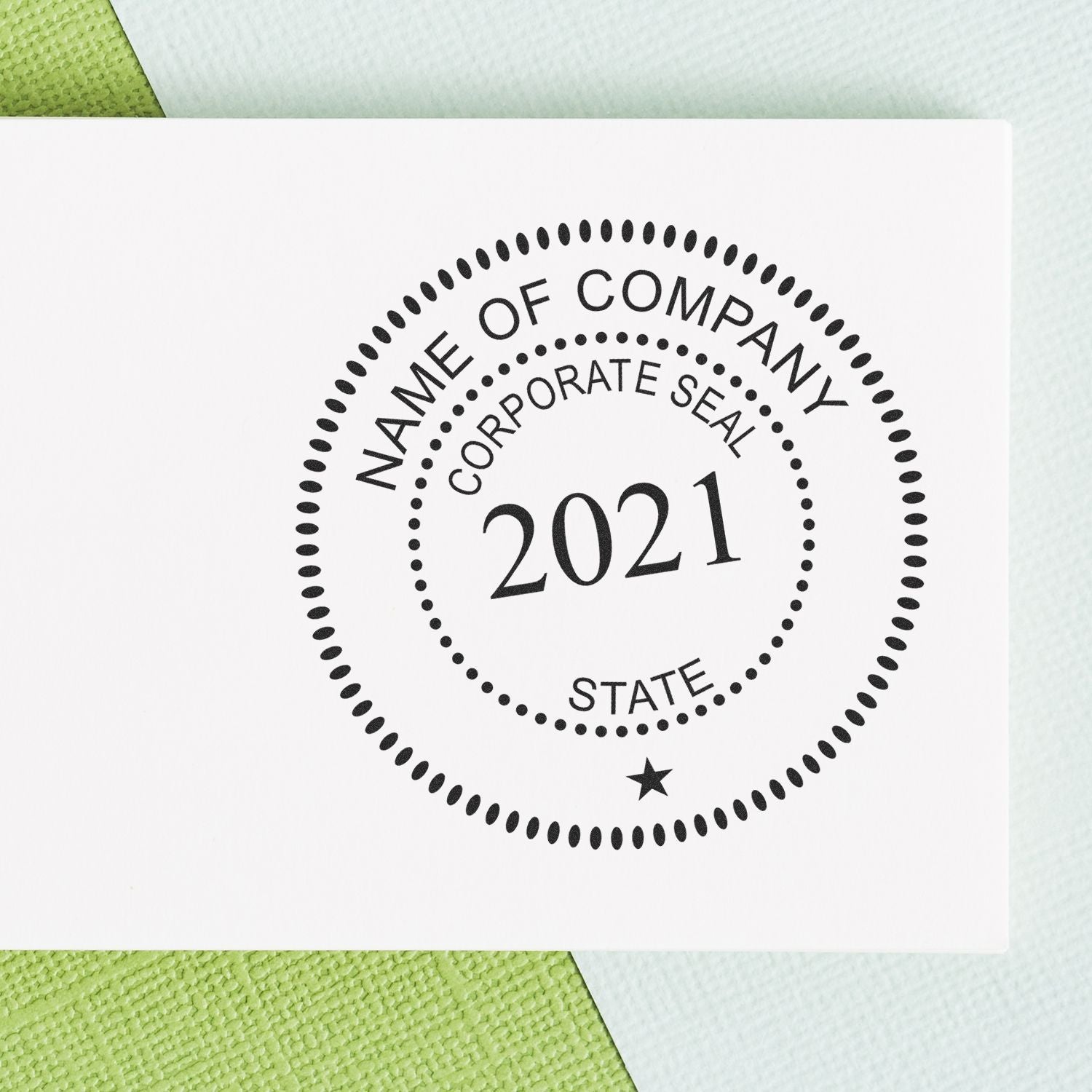 Corporate seal stamp template with Name of Company and 2021 on white paper background.