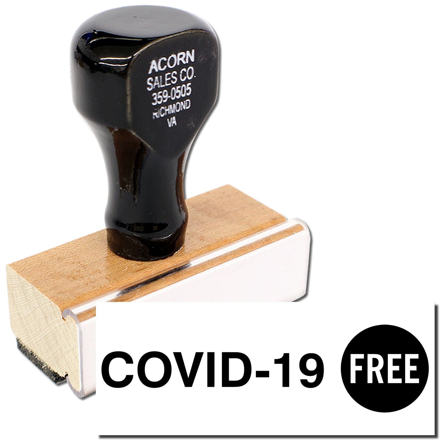 Close-up of Acorn Sales Co. golf club head on wooden block with COVID-19 FREE safety label.