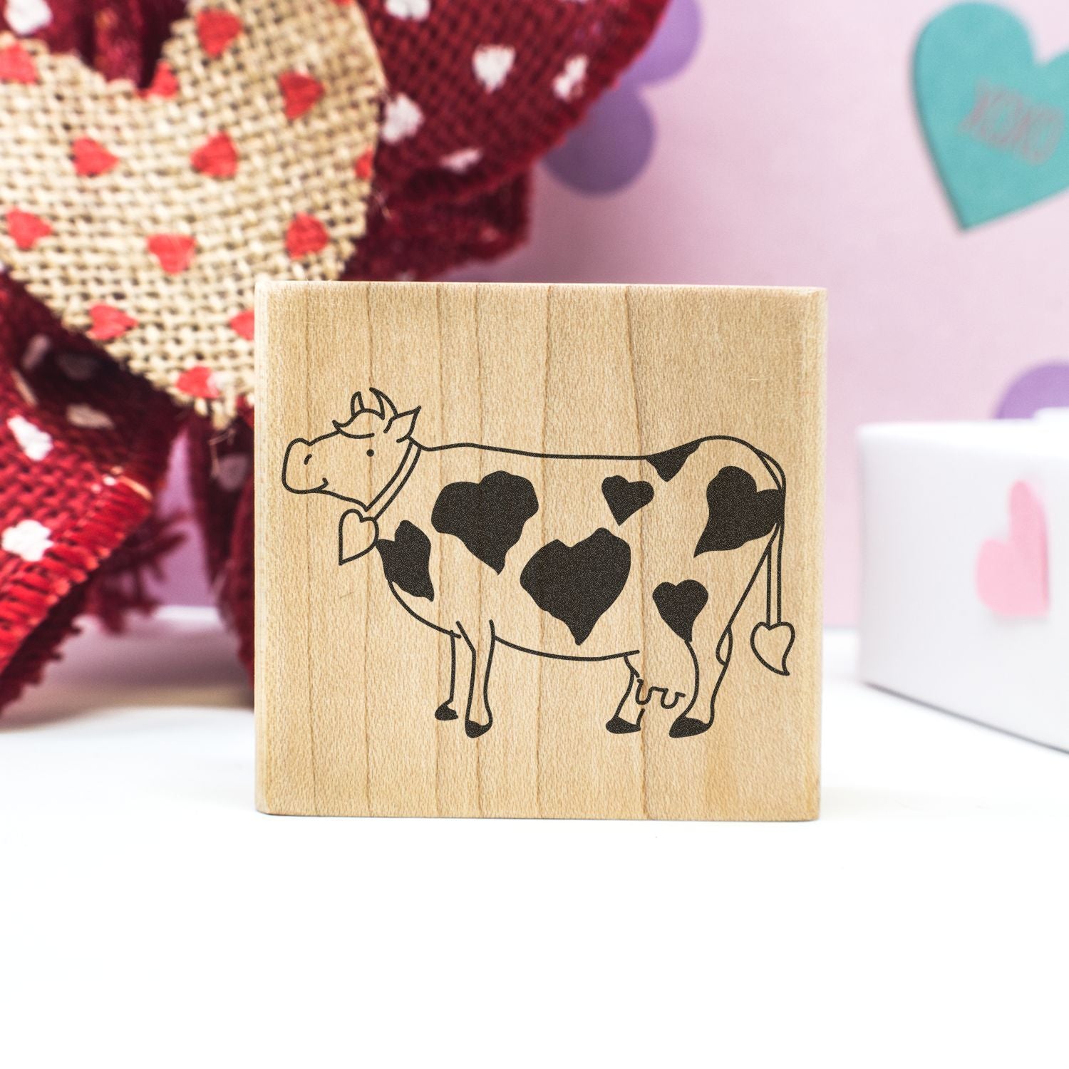 Wooden cow stamp with heart spots, cute farm-themed craft gift end