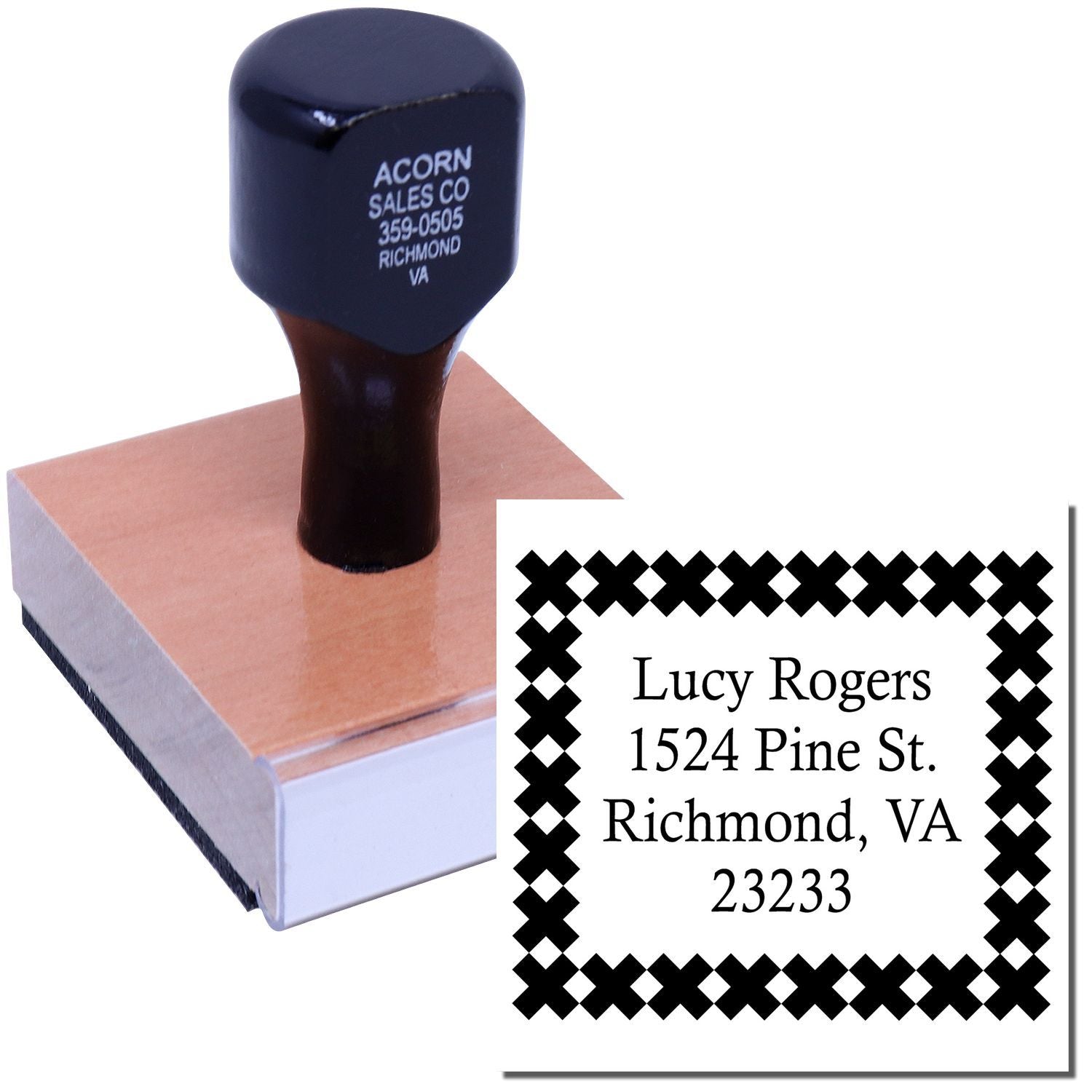 Custom return address rubber stamp with decorative border, ideal for envelopes, mailing, and personal stationery.