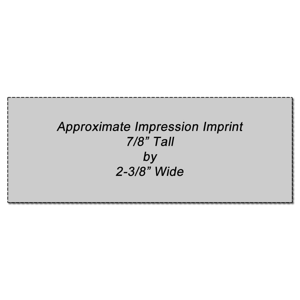Custom rubber stamp impression size guide showing approximate imprint area: 7/8" tall by 2-3/8" wide
