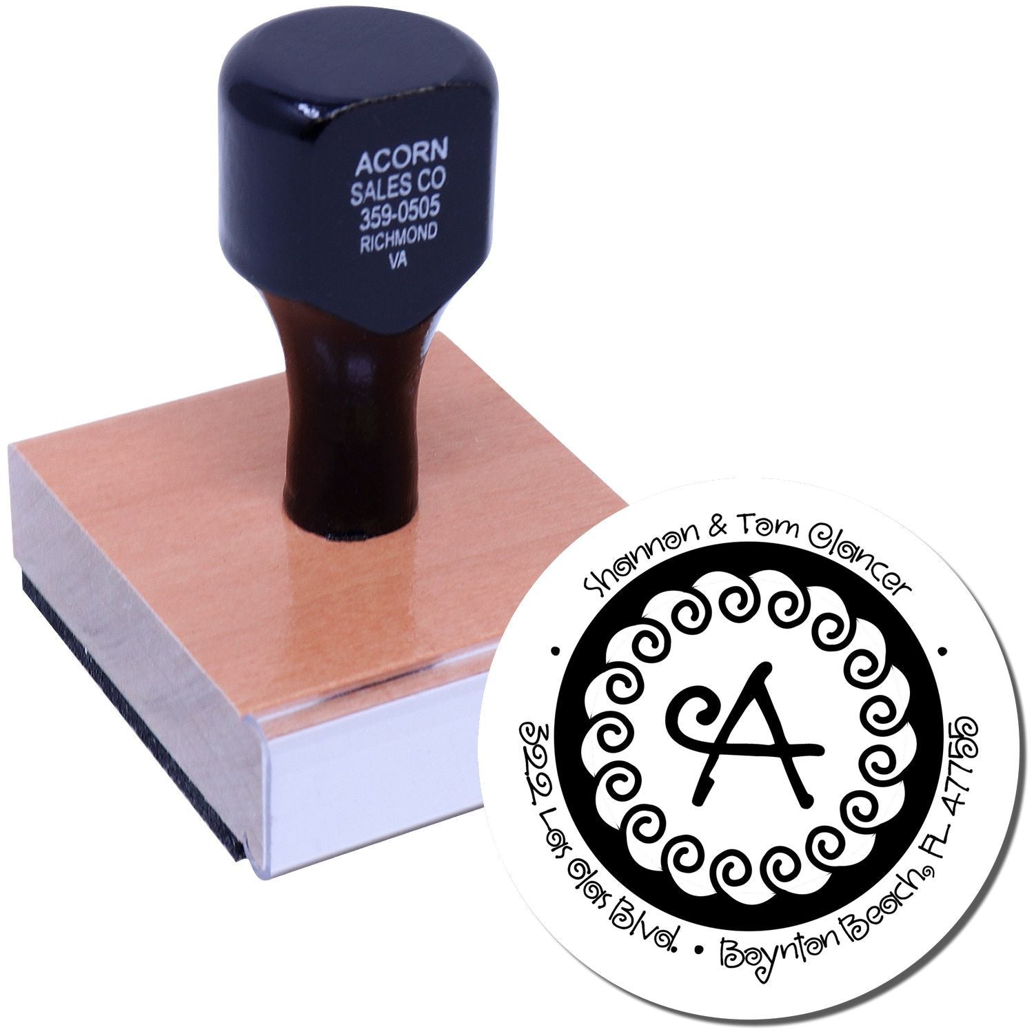 Custom rubber address stamp with monogram and return address for personalizing envelopes, stationery, and business mail.