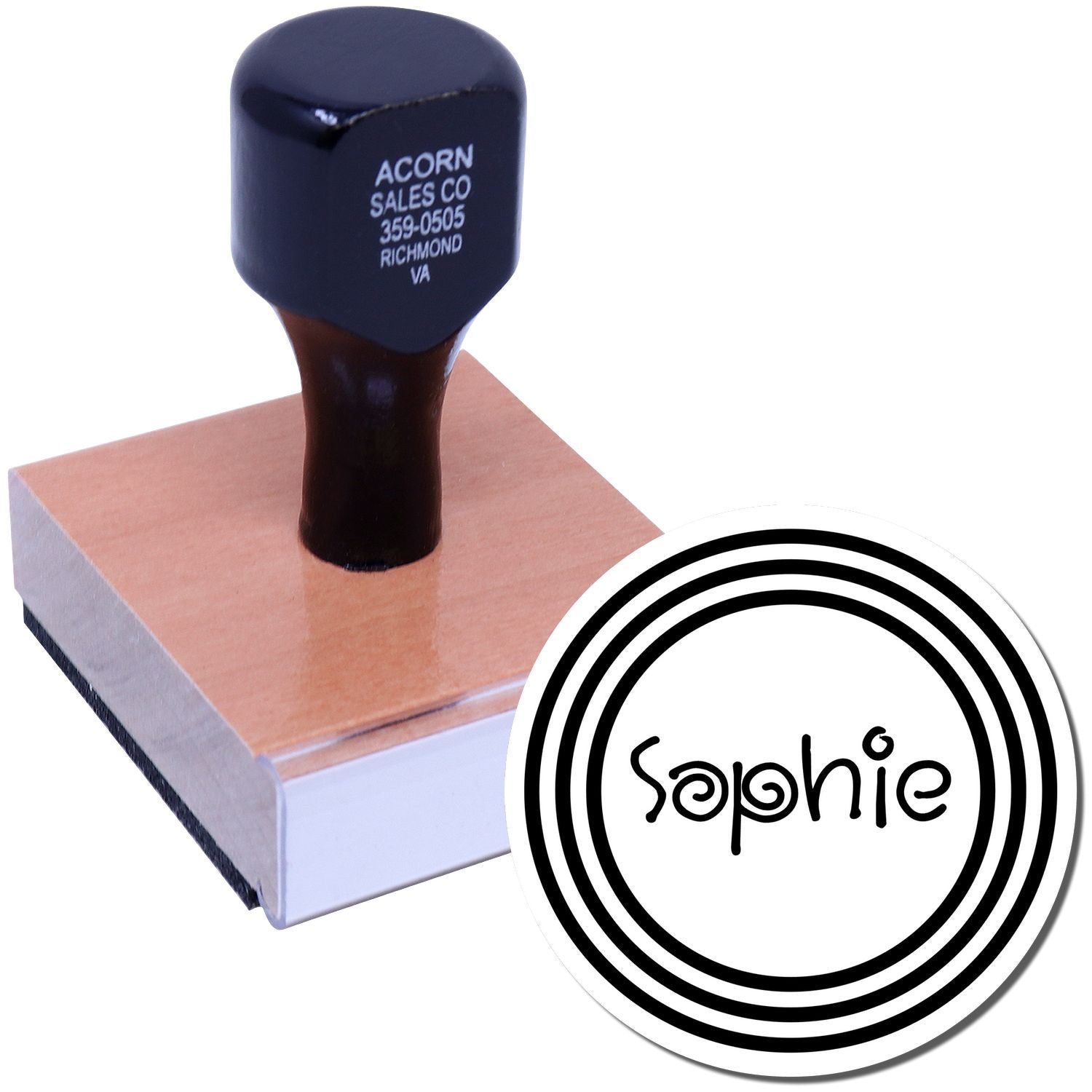 Custom rubber stamp with wooden handle and Sophie logo, ideal for personalized branding and packaging.