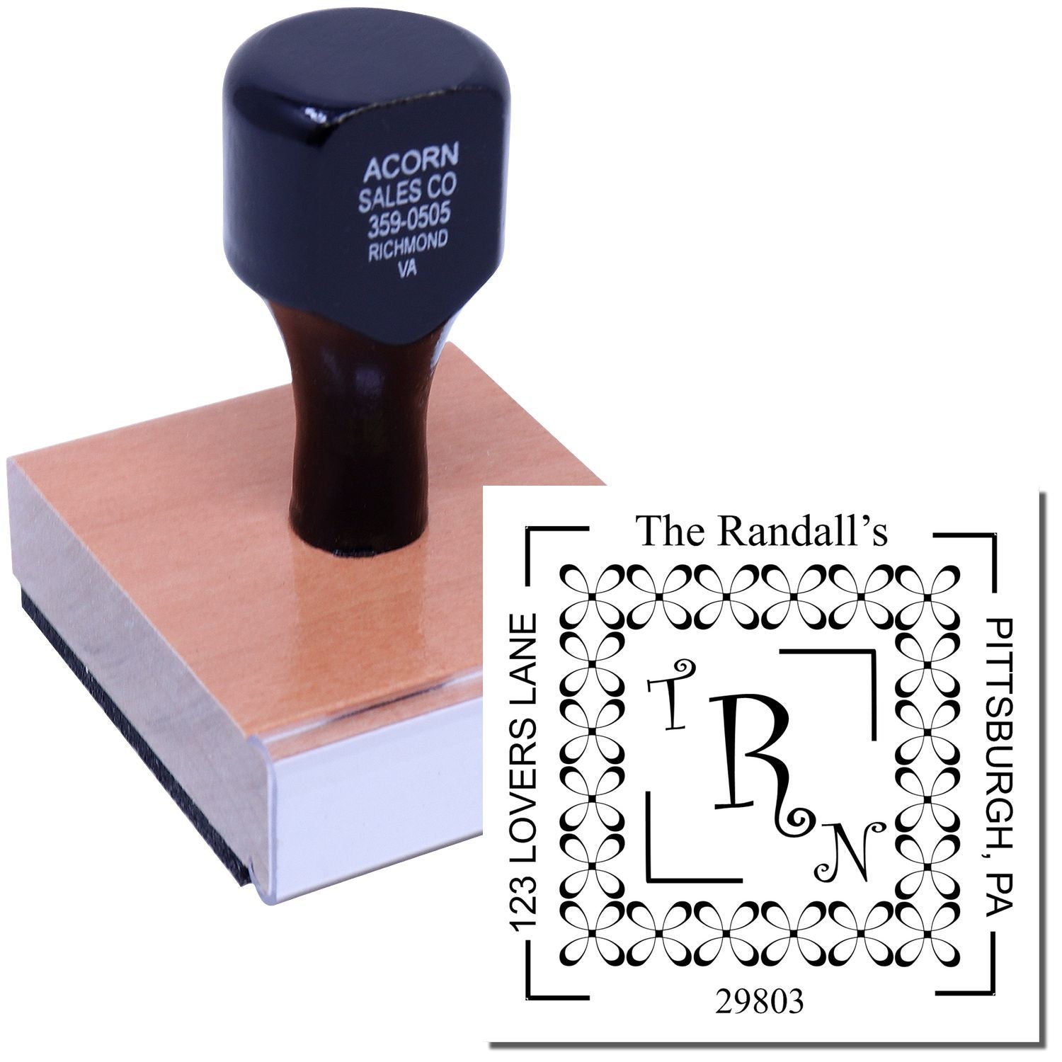 Custom return address rubber stamp with wood handle and personalized monogram design for wedding or business mailing labels.