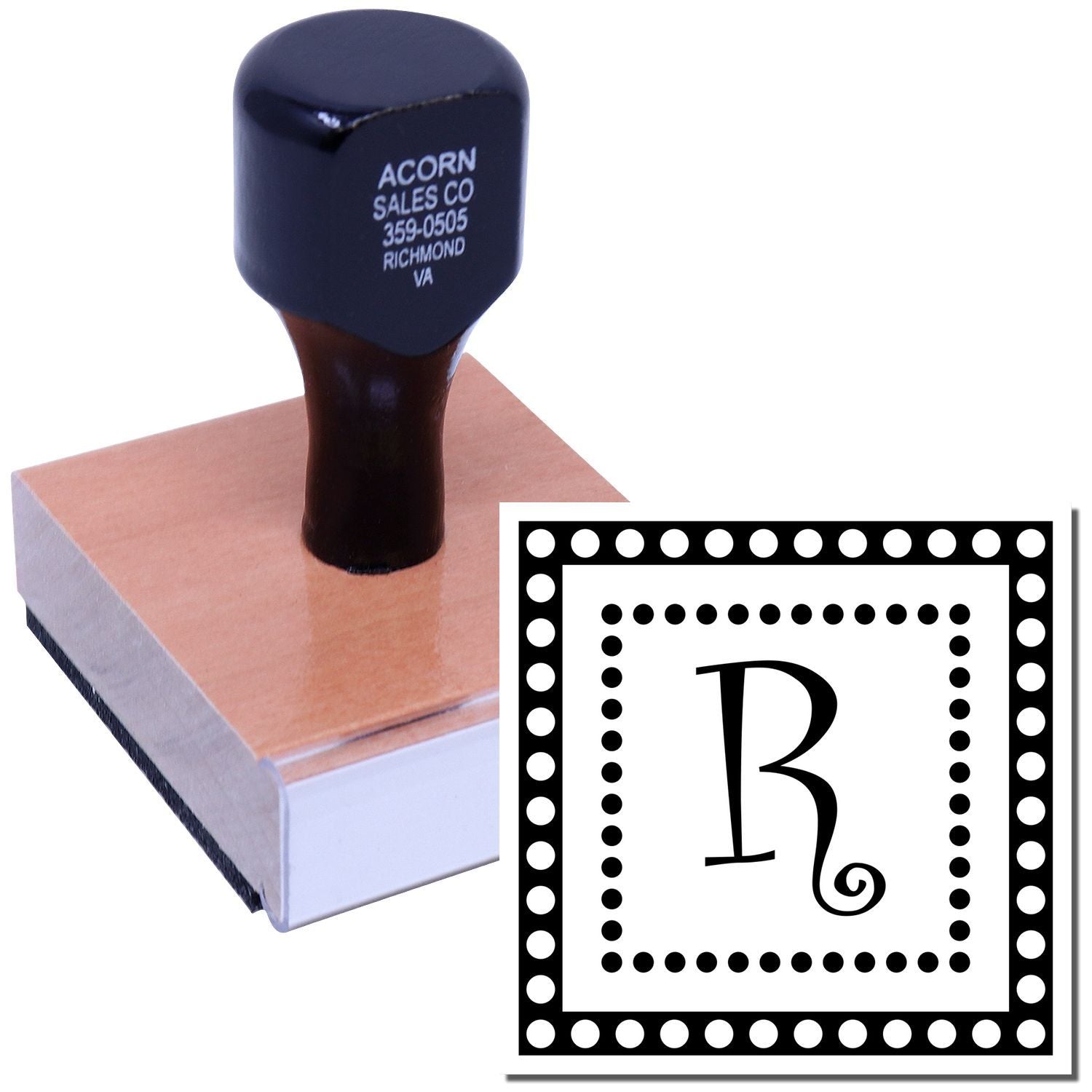 Custom monogram R rubber stamp with wooden handle for personalized branding, stationery, and business use.