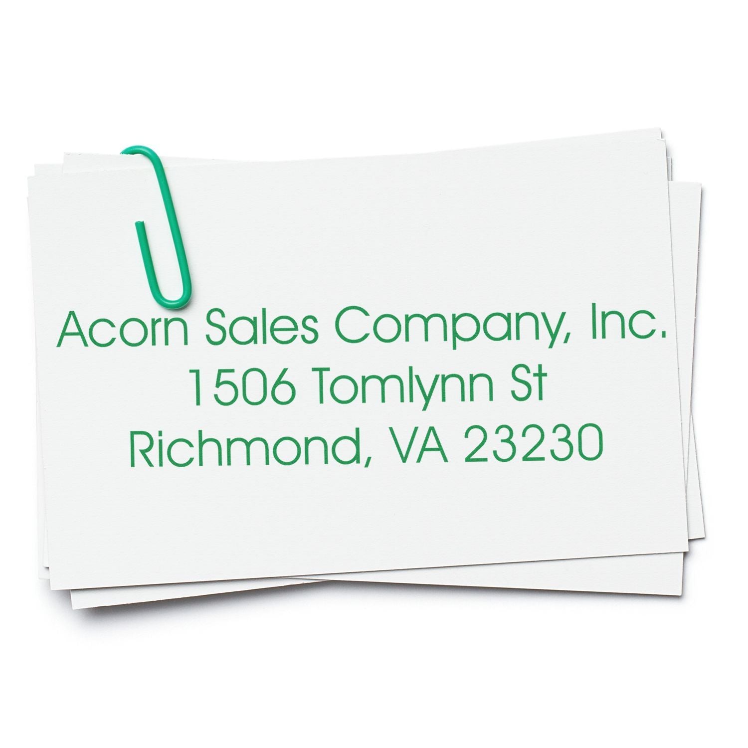 Custom address rubber stamp imprint for Acorn Sales Company, Inc., Richmond, VA office paperwork.