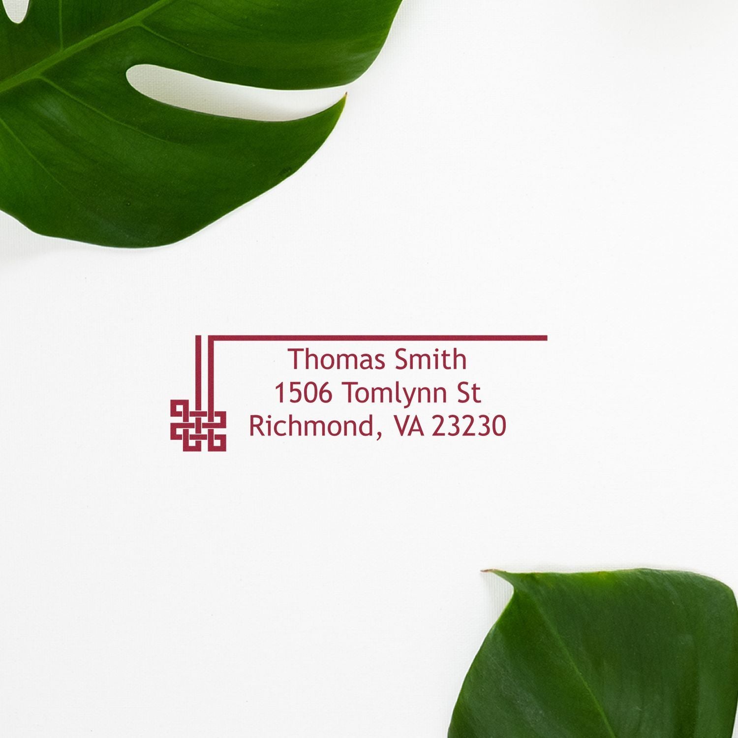 Custom return address rubber stamp with decorative border for Thomas Smith, Richmond, VA 23230.