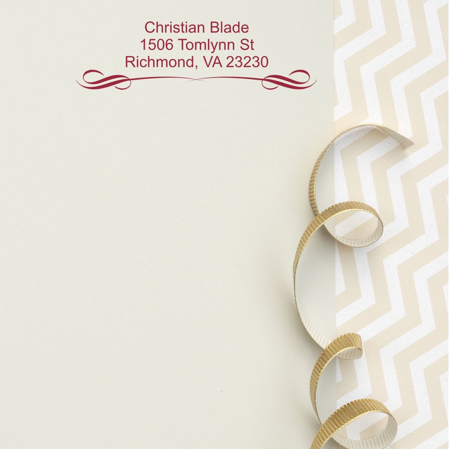 Custom return address rubber stamp with decorative flourish for Christian Blade, Richmond, VA.