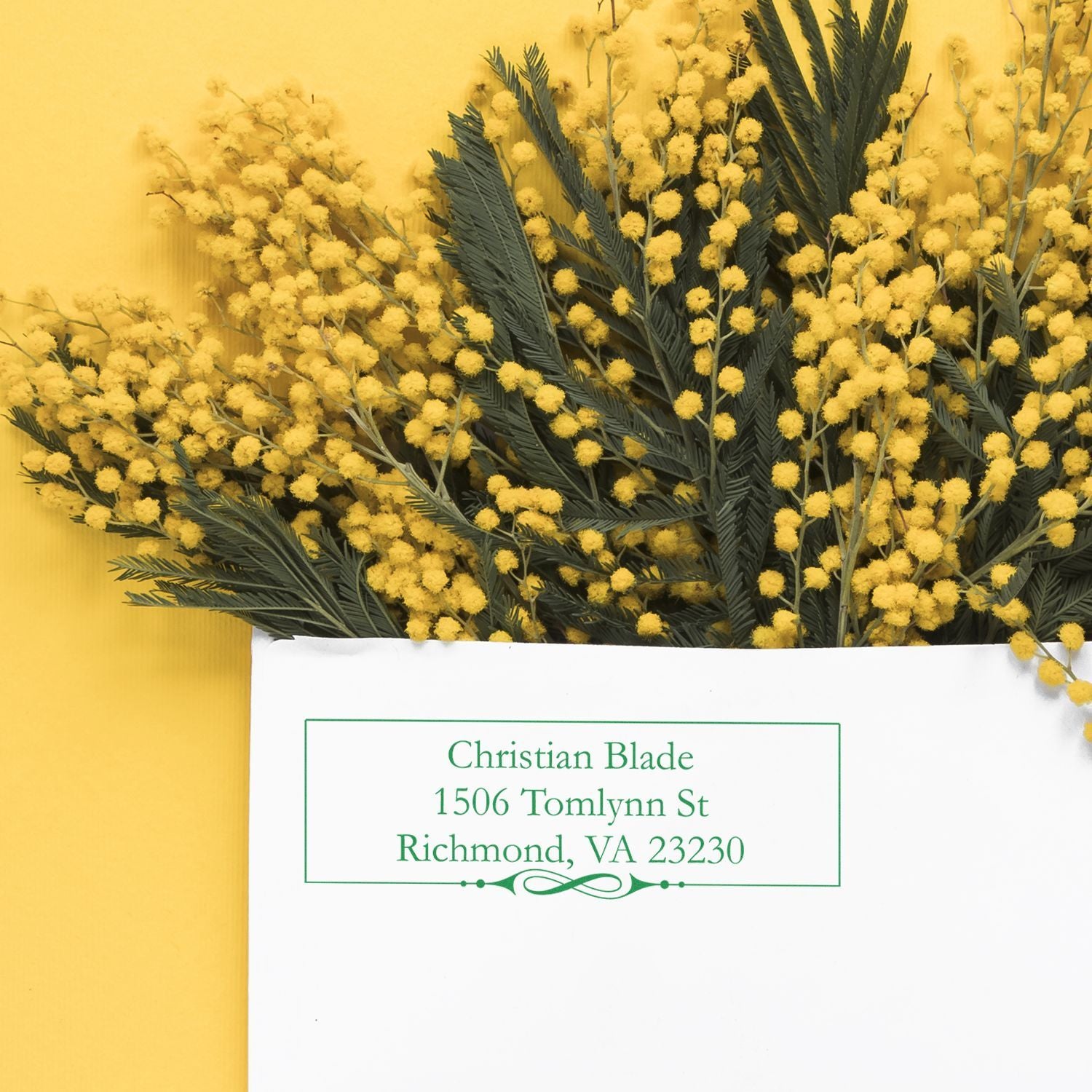Custom return address rubber stamp on envelope, showing name and Richmond, VA address in green ink.