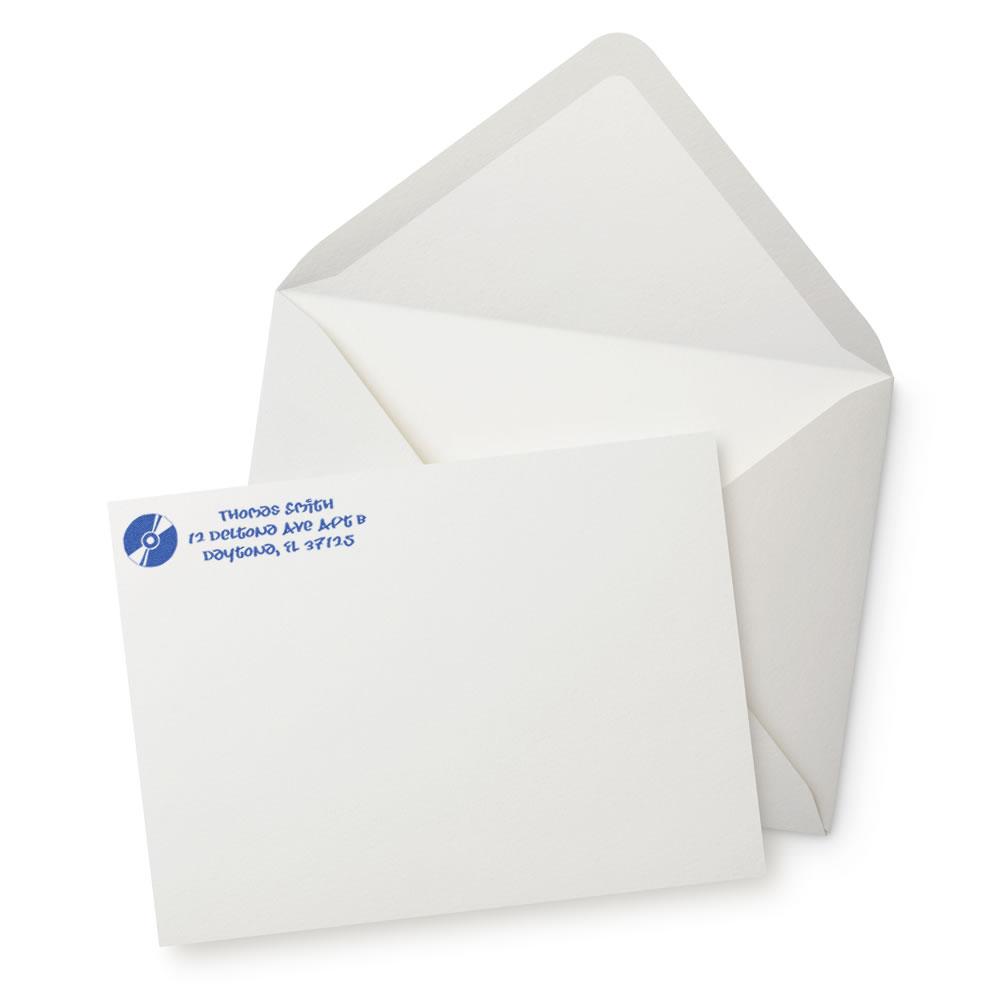 Custom return address rubber stamp on envelope and letter for business mail, branding, and personalized stationery.