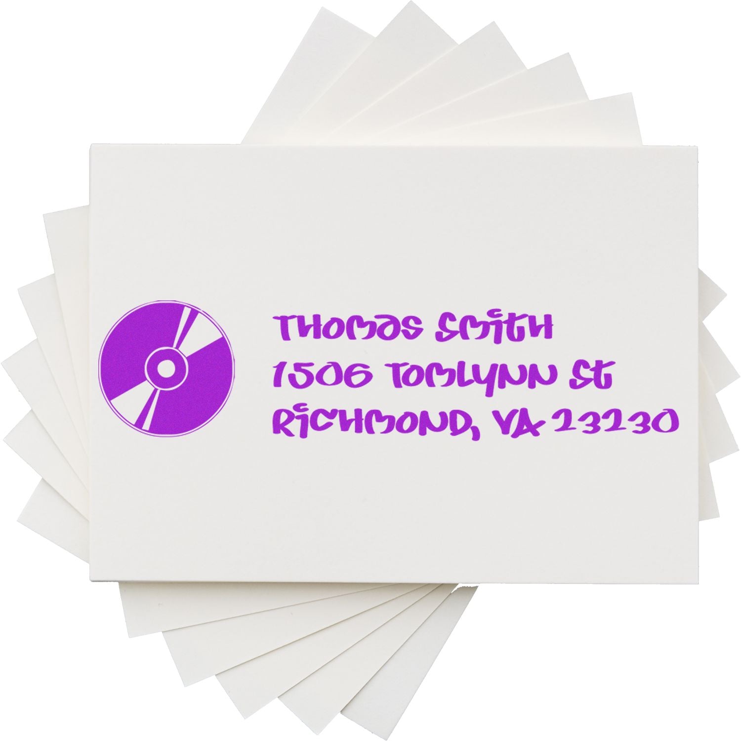 Custom return address rubber stamp with purple logo for Thomas Smith, 1506 Tomlynn St, Richmond, VA 23230.