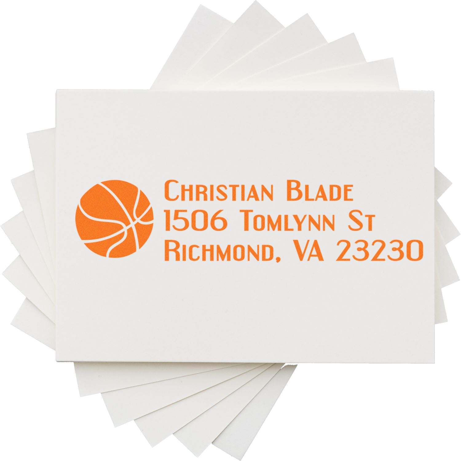 Custom orange basketball return address rubber stamp with Christian Blade, 1506 Tomlynn St, Richmond, VA 23230