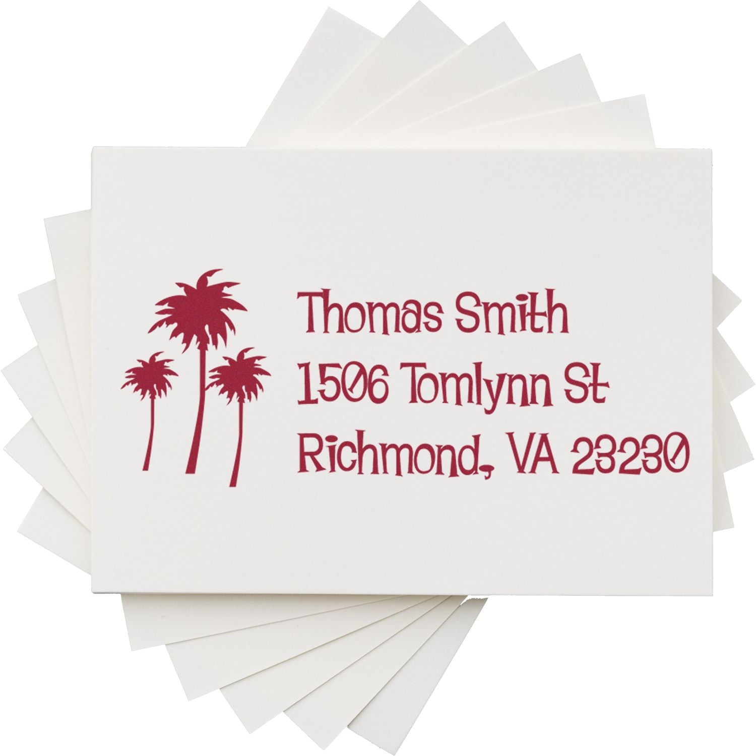 Personalized address rubber stamp with palm tree design for Thomas Smith, Richmond, VA 23230.