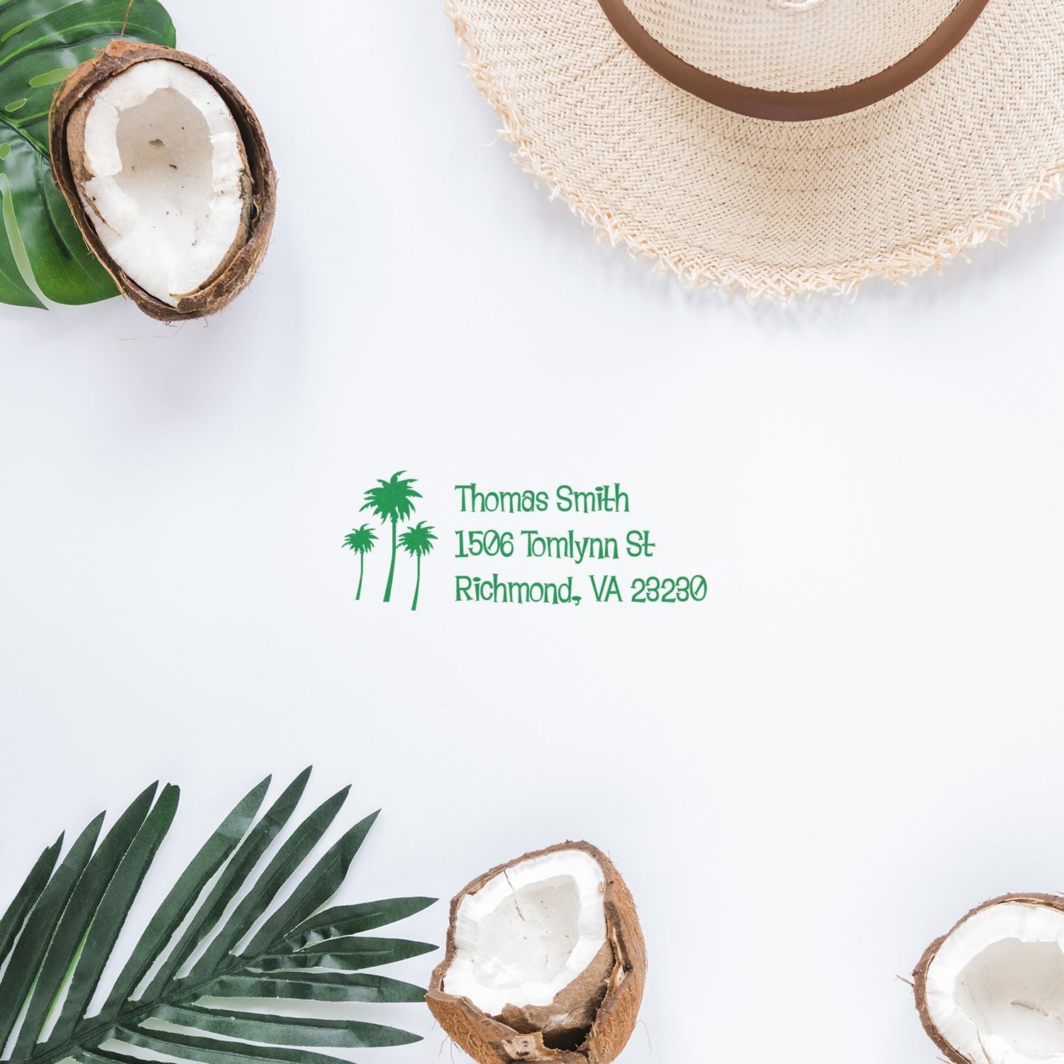 Custom tropical palm address rubber stamp imprint with name and Richmond, VA return address
