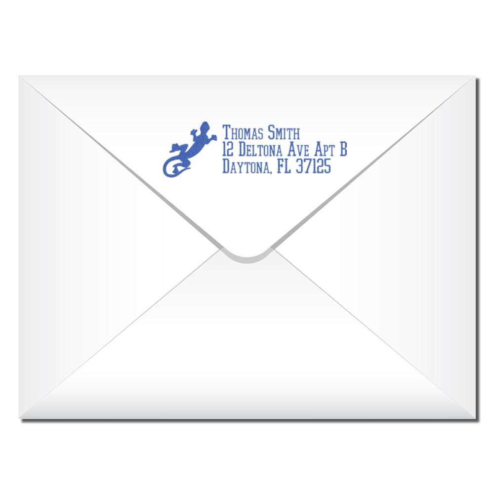 Custom return address rubber stamp on envelope with gecko logo for Thomas Smith, Daytona, FL, for mailing and correspondence
