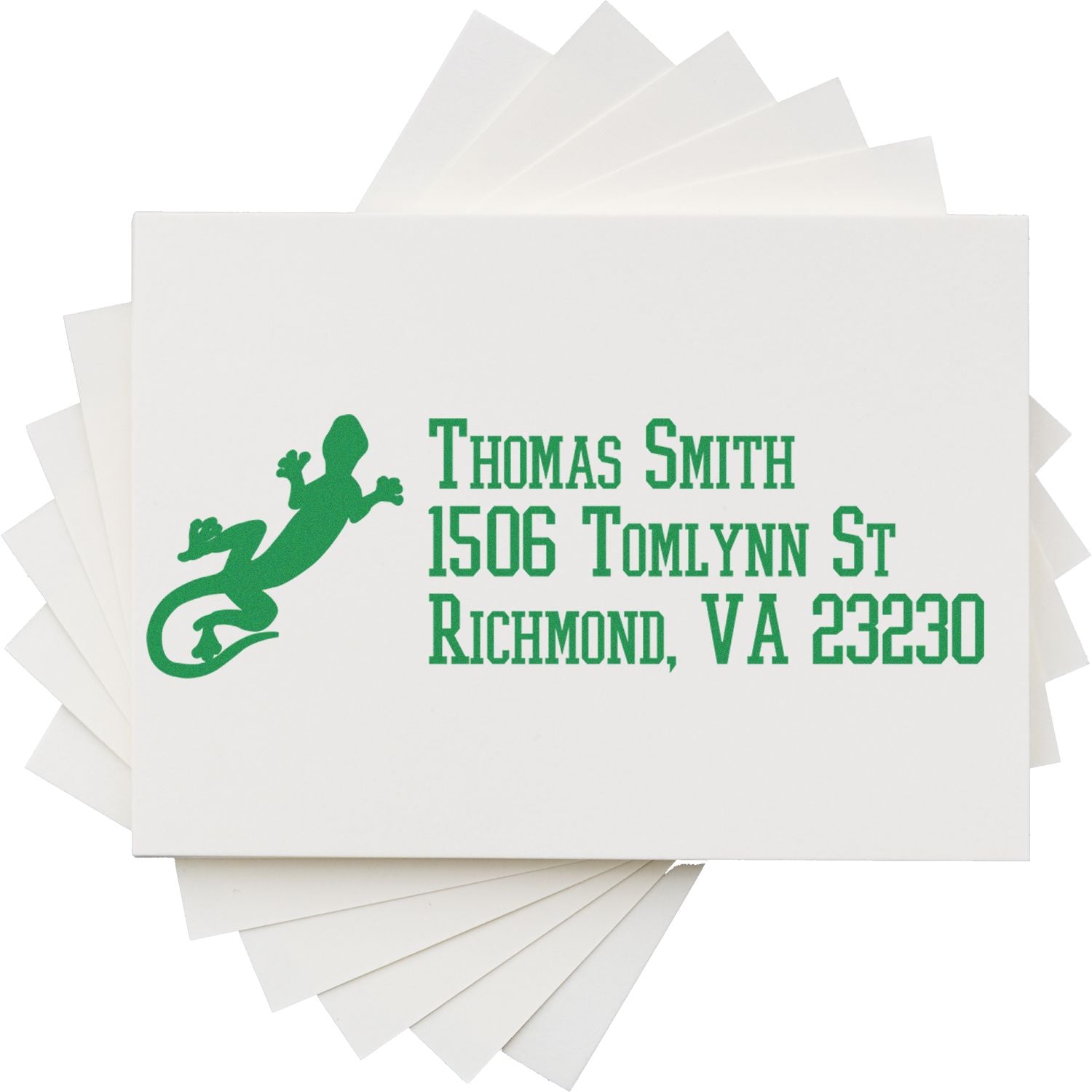 Custom address rubber stamp with gecko logo for Thomas Smith, 1506 Tomlynn St, Richmond, VA 23230