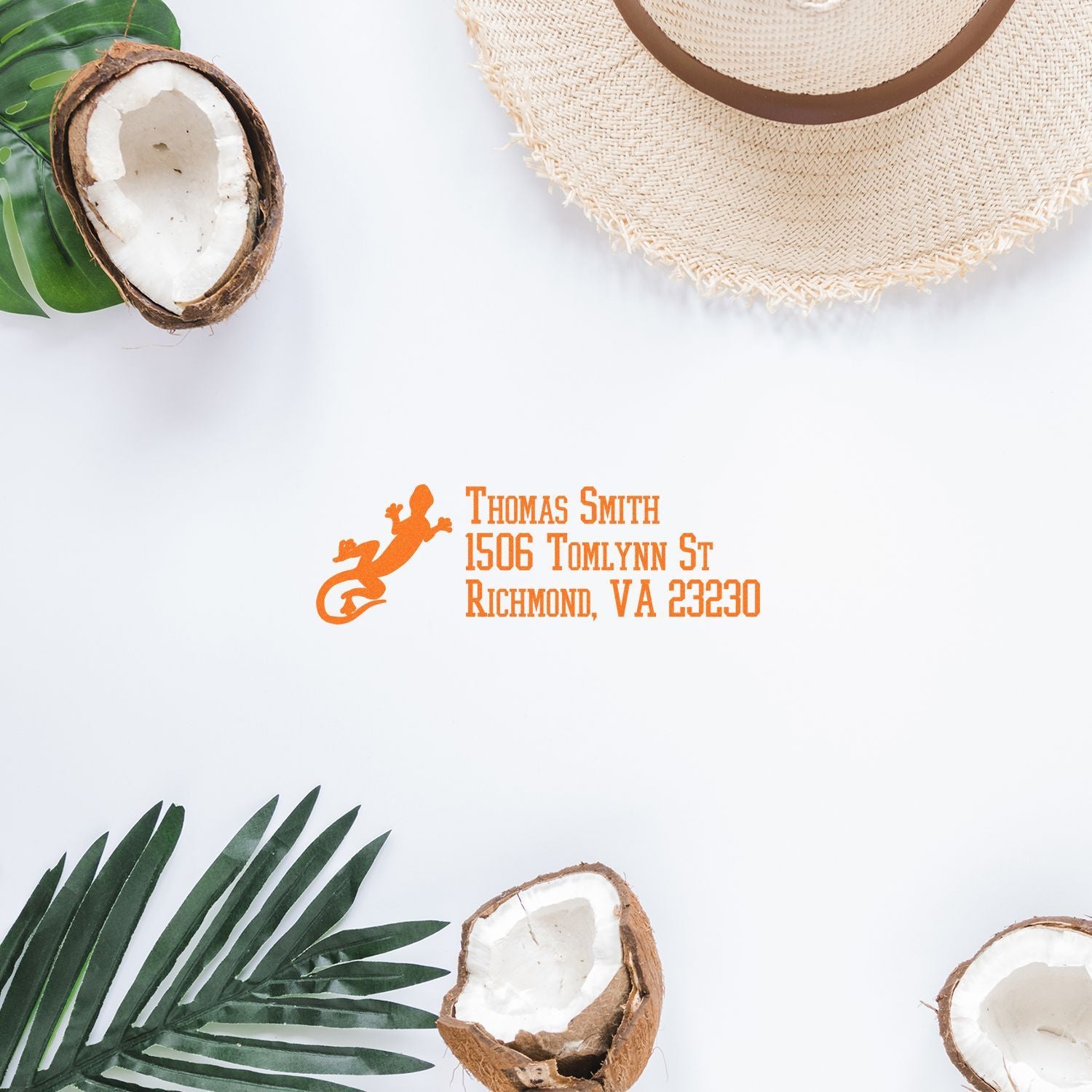 Personalized return address rubber stamp with gecko logo, perfect for tropical wedding invitations and stationery.