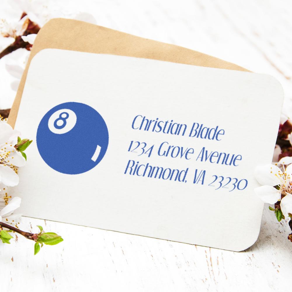 Personalized 8-ball return address stamp for envelopes, featuring Christian Blade, 1234 Grove Avenue, Richmond, VA 23230.