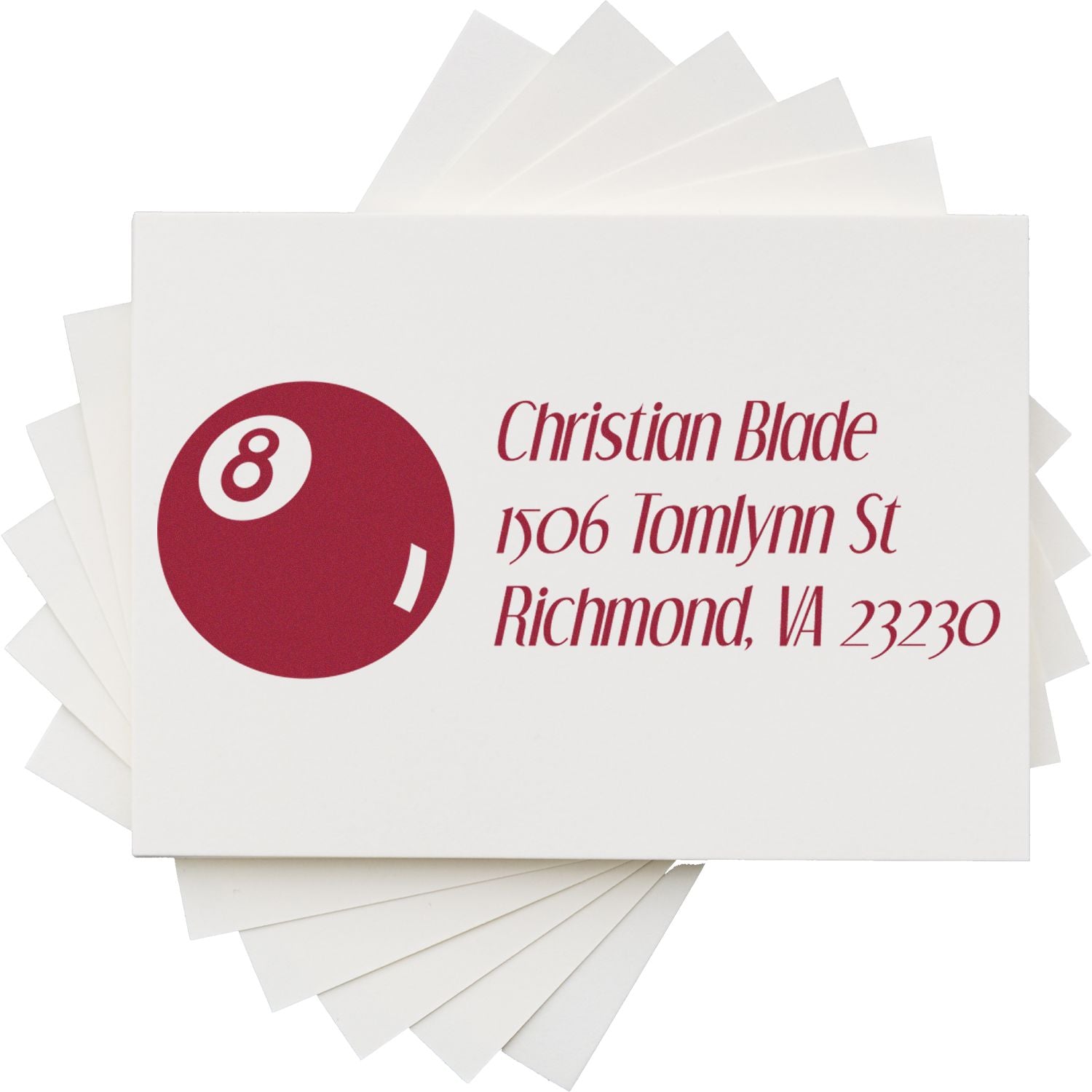 Custom rubber address stamp with 8-ball logo and Christian Blade business address, Richmond, VA.