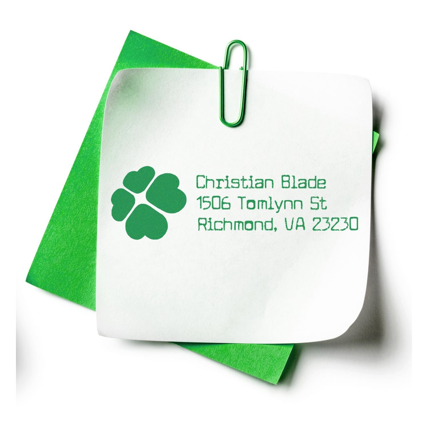 Custom return address rubber stamp with clover logo, ideal for personalized mailing, stationery, and business envelopes.
