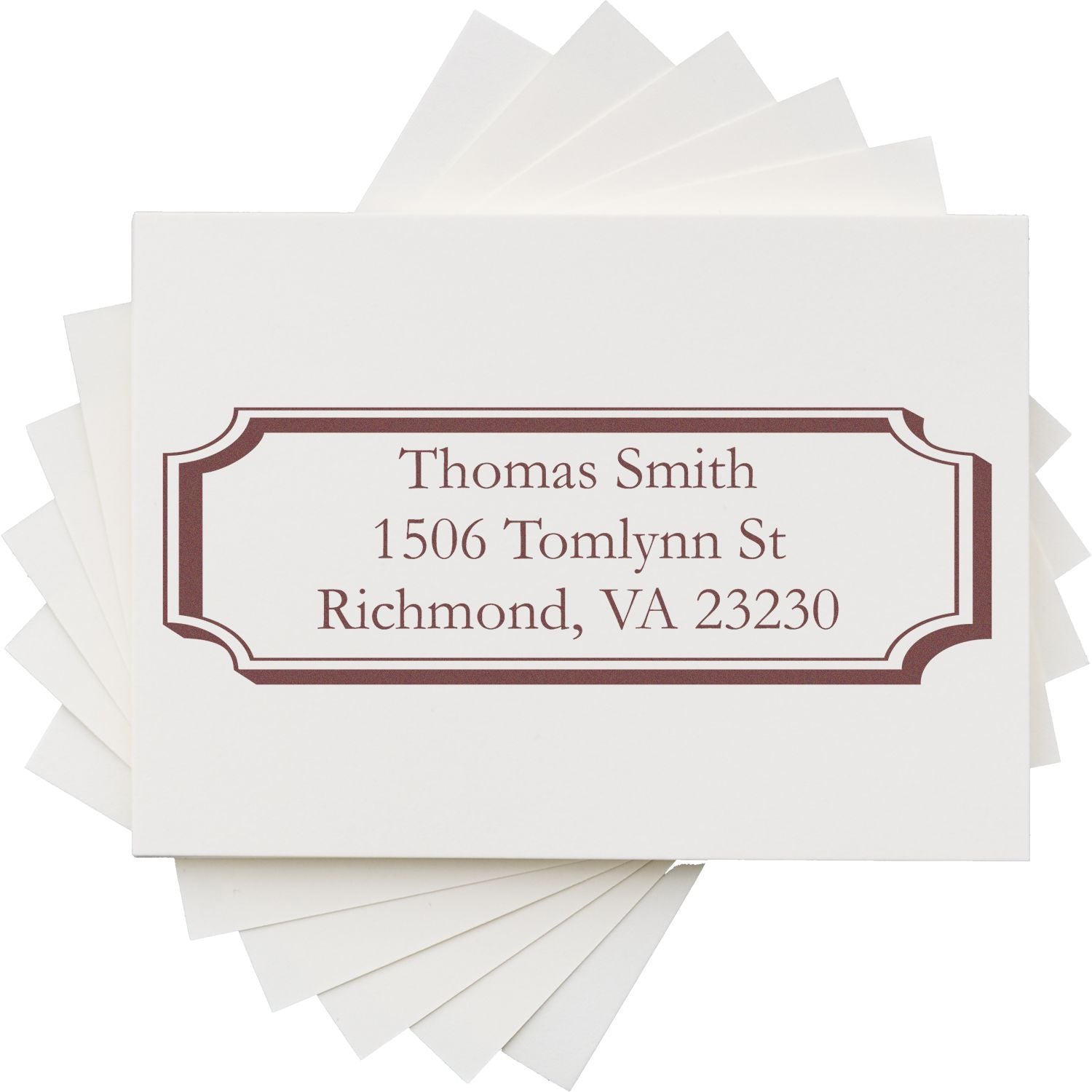 Custom return address rubber stamp with decorative border, personalized for Thomas Smith, Richmond, VA 23230.
