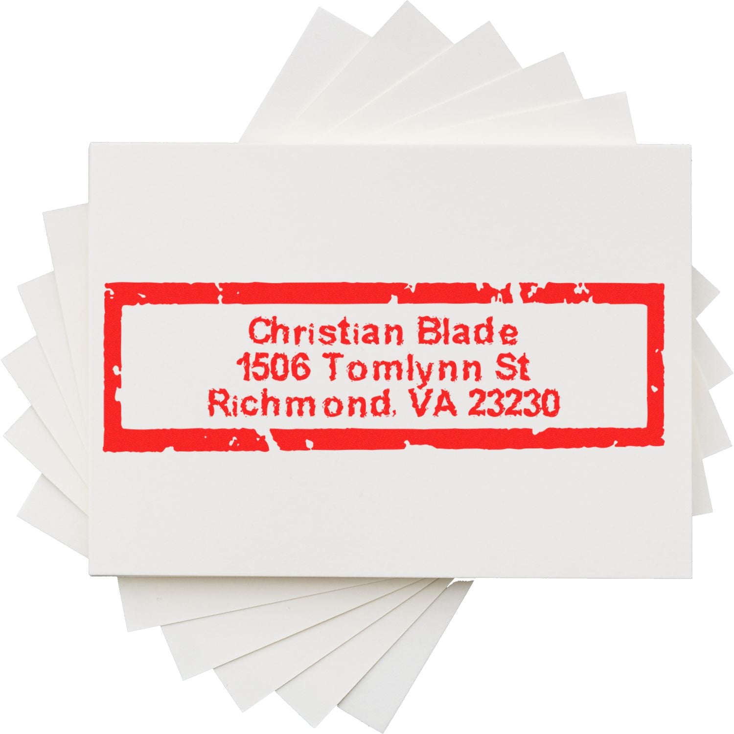 Custom return address rubber stamp imprint on stacked cards, featuring Christian Blade, Richmond, VA 23230.