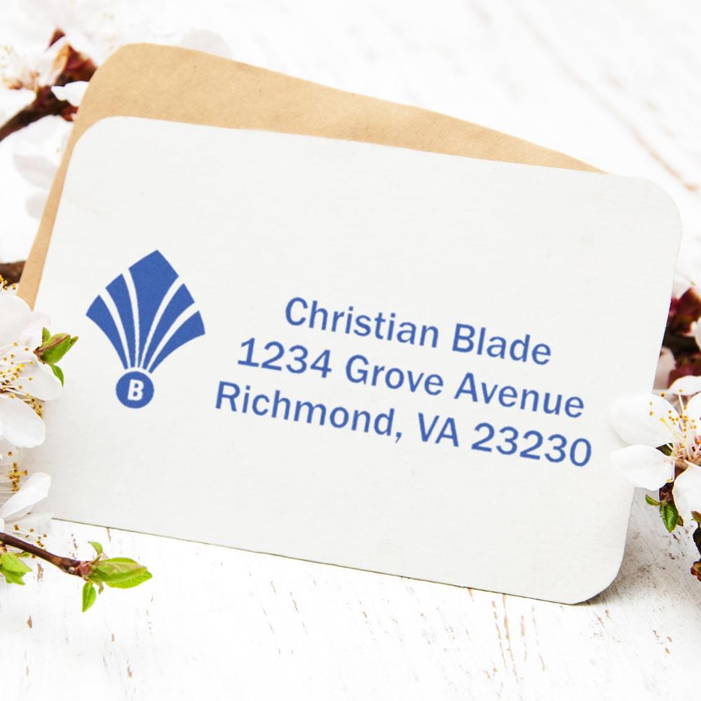 Personalized return address rubber stamp with logo, stamping Christian Blades Richmond, VA mailing address.