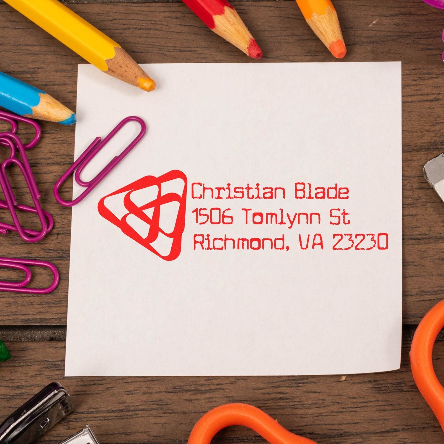 Personalized return address rubber stamp imprint on paper, perfect for mailing, stationery, and small business branding.