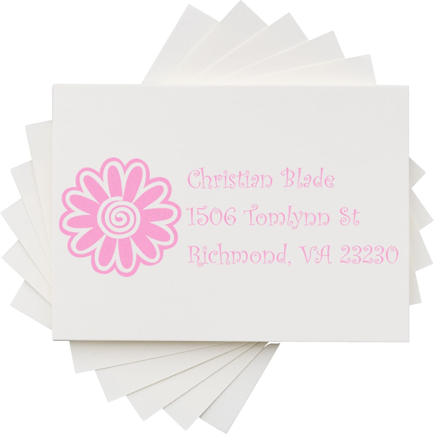 Custom return address rubber stamp with pink flower logo and script text for Christian Blade, Richmond, VA.