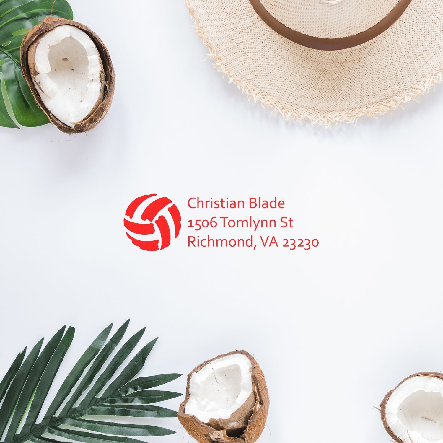 Custom business address rubber stamp mockup with tropical beach decor, featuring Christian Blade, Richmond, VA 23230.
