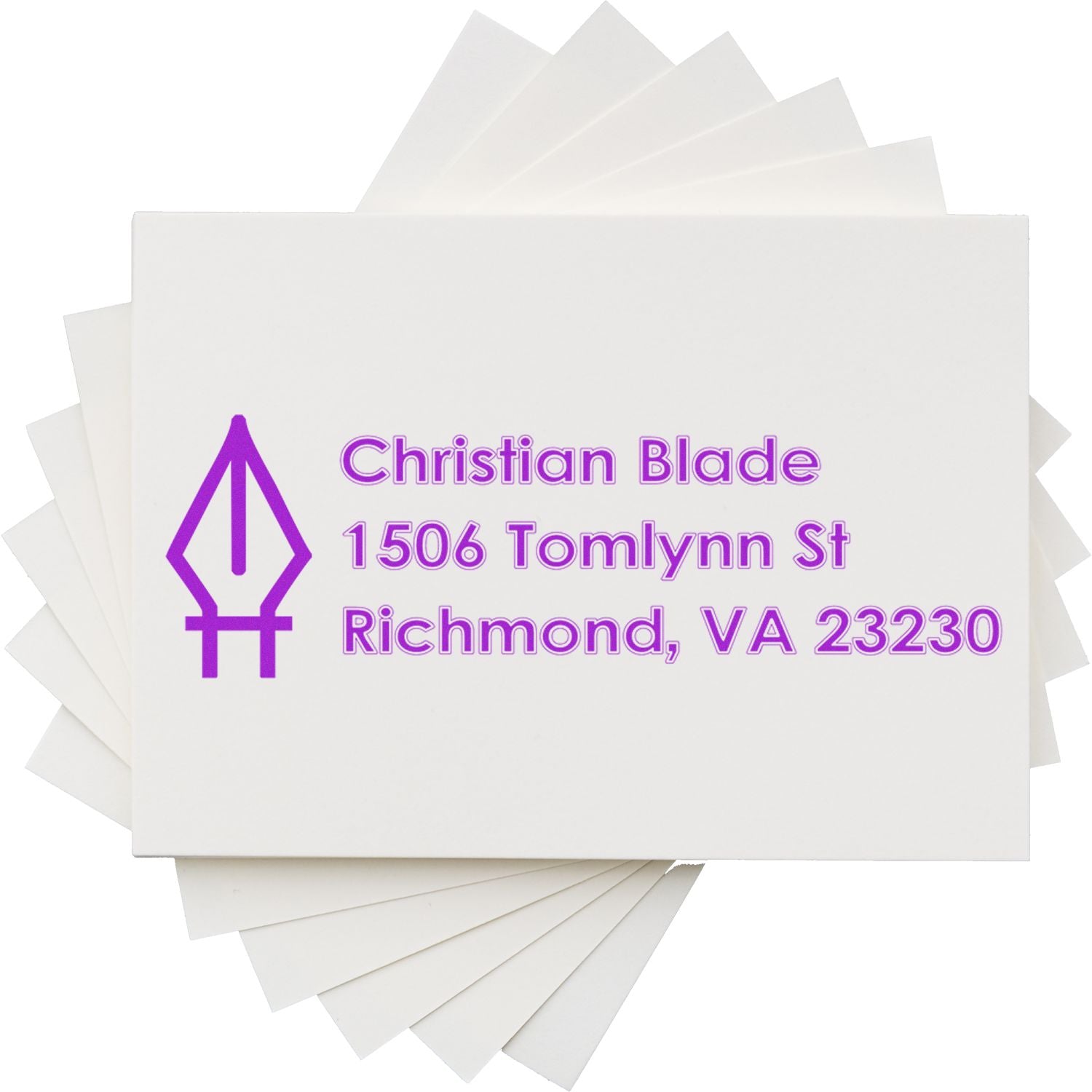 Custom Christian Blade return address rubber stamp with logo and Richmond, VA 23230 mailing address.