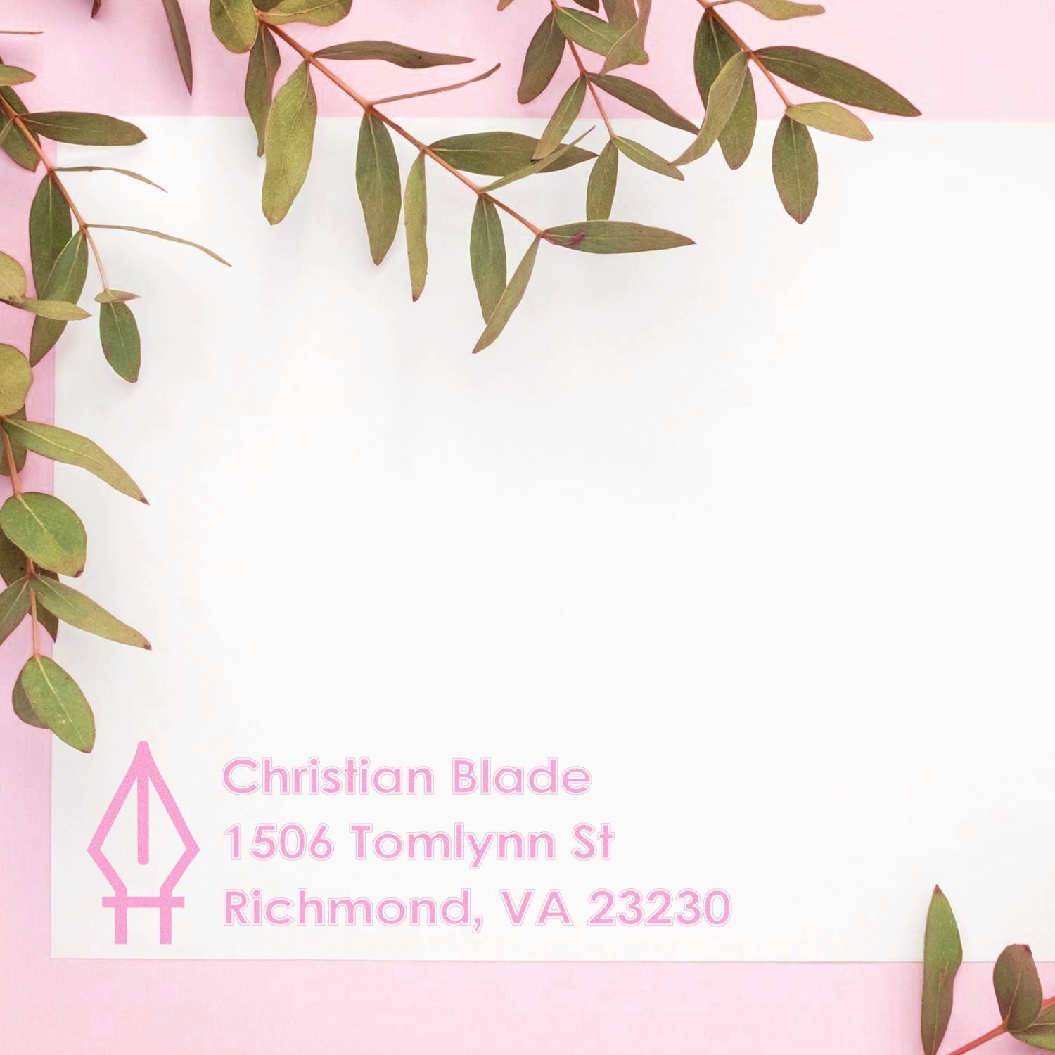 Custom return address rubber stamp on white stationery with eucalyptus leaves and pink floral border.