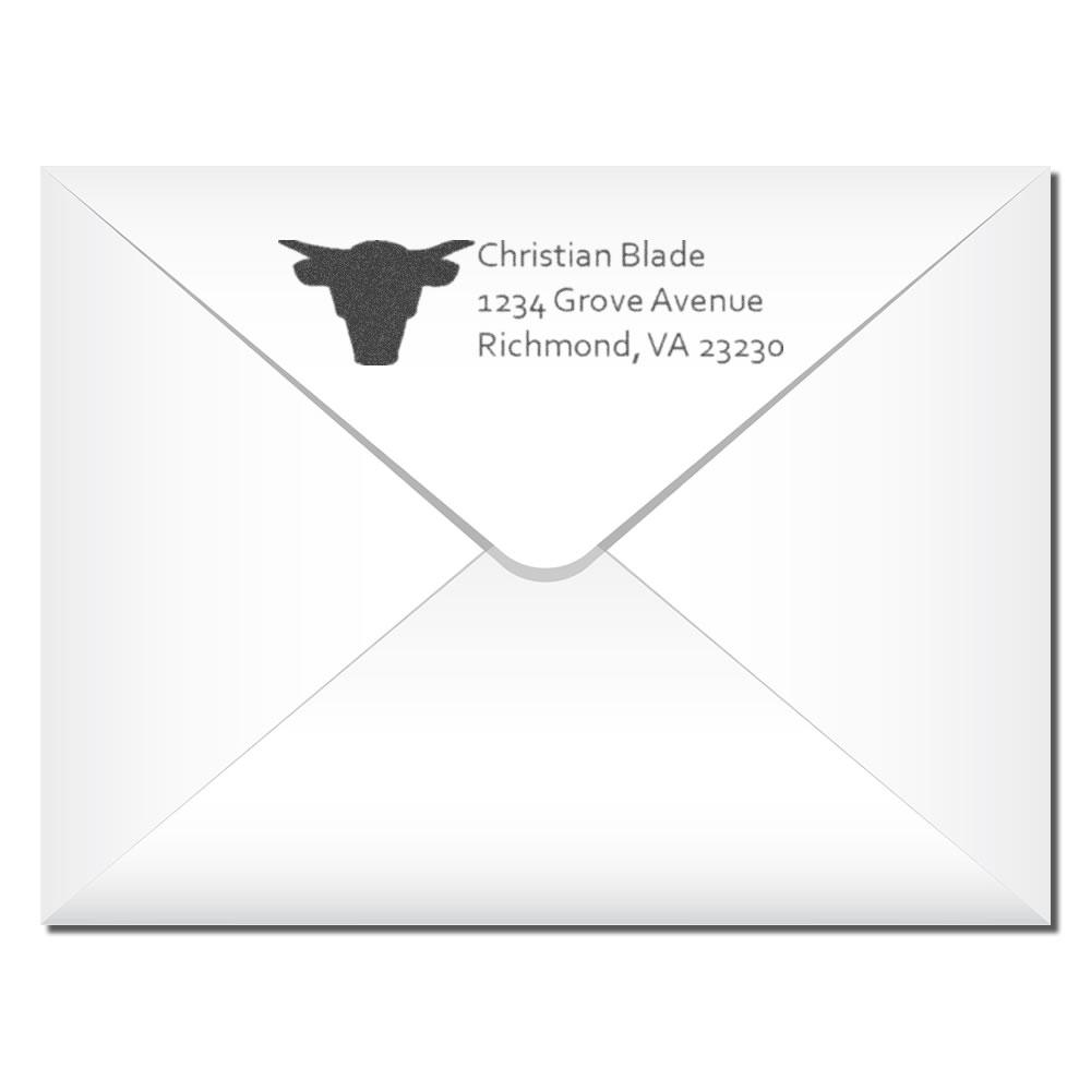 Custom return address rubber stamp with cow logo, name, and Richmond, VA address on envelope.