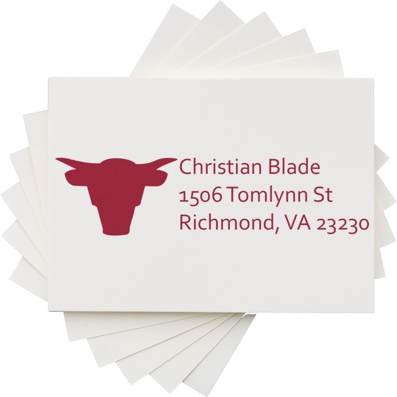 Custom rubber address stamp with bull logo for Christian Blade, Richmond, VA 23230